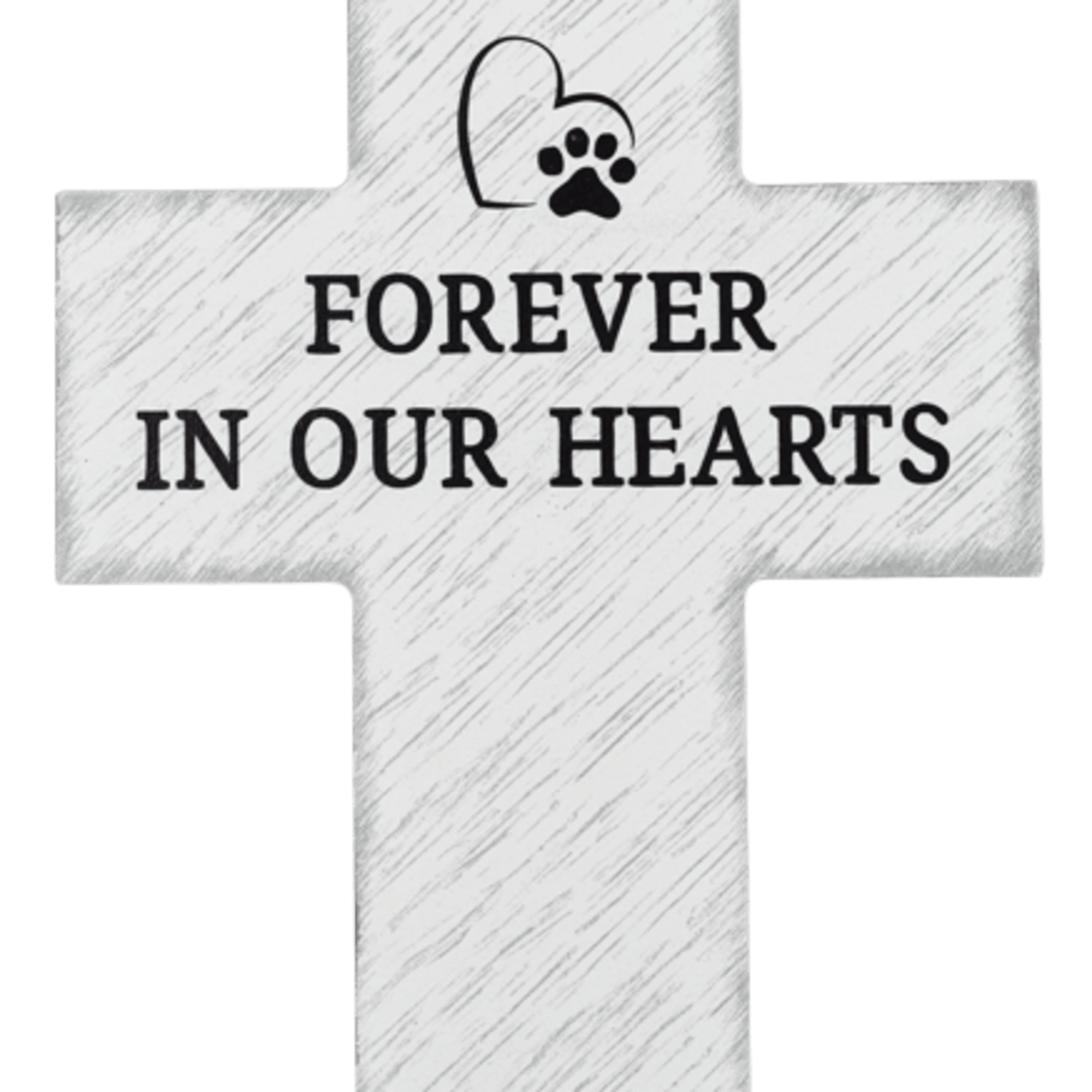 White memorial cross sign with paw print and "Forever in Our Hearts" text