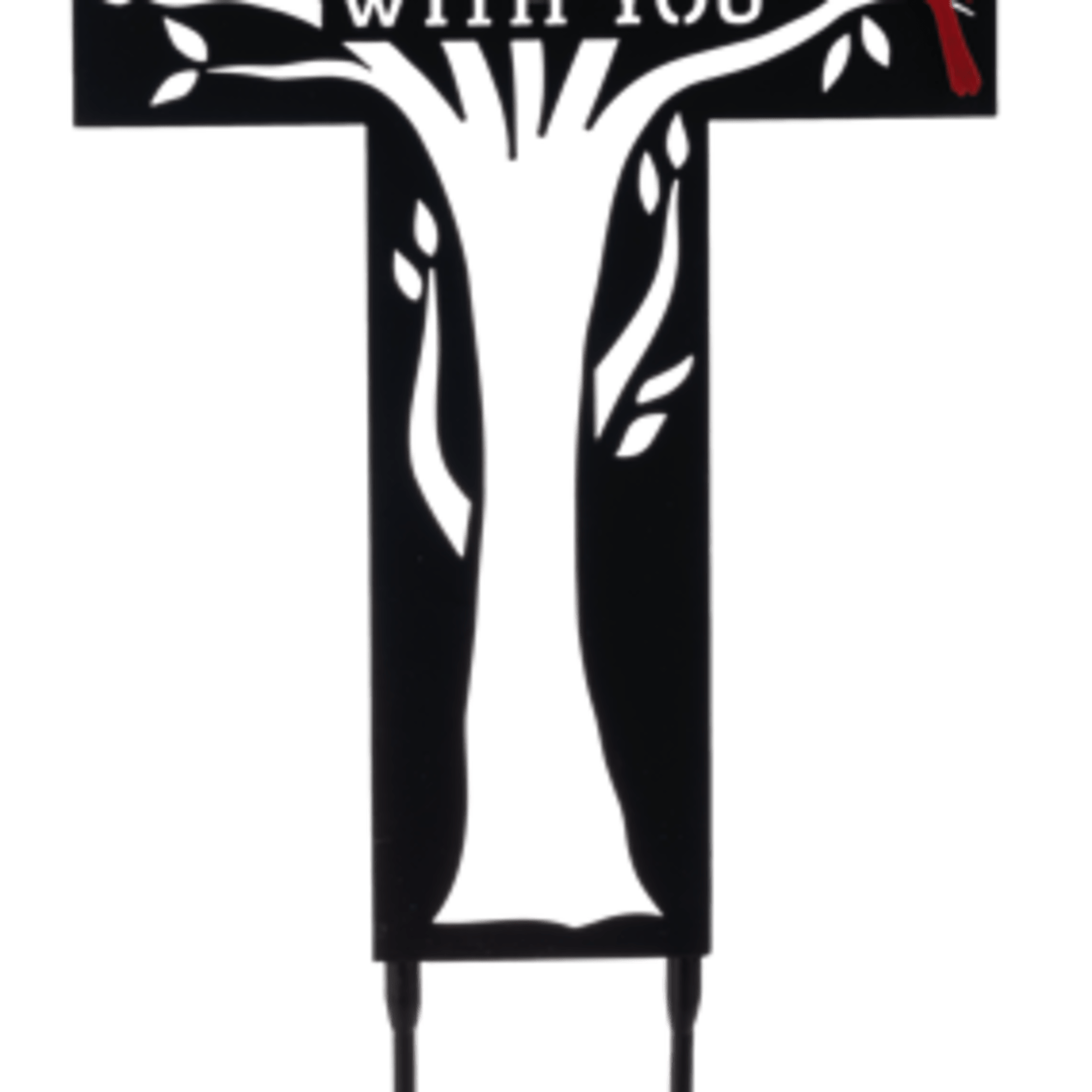 Black memorial cross stake with white tree design and red bird