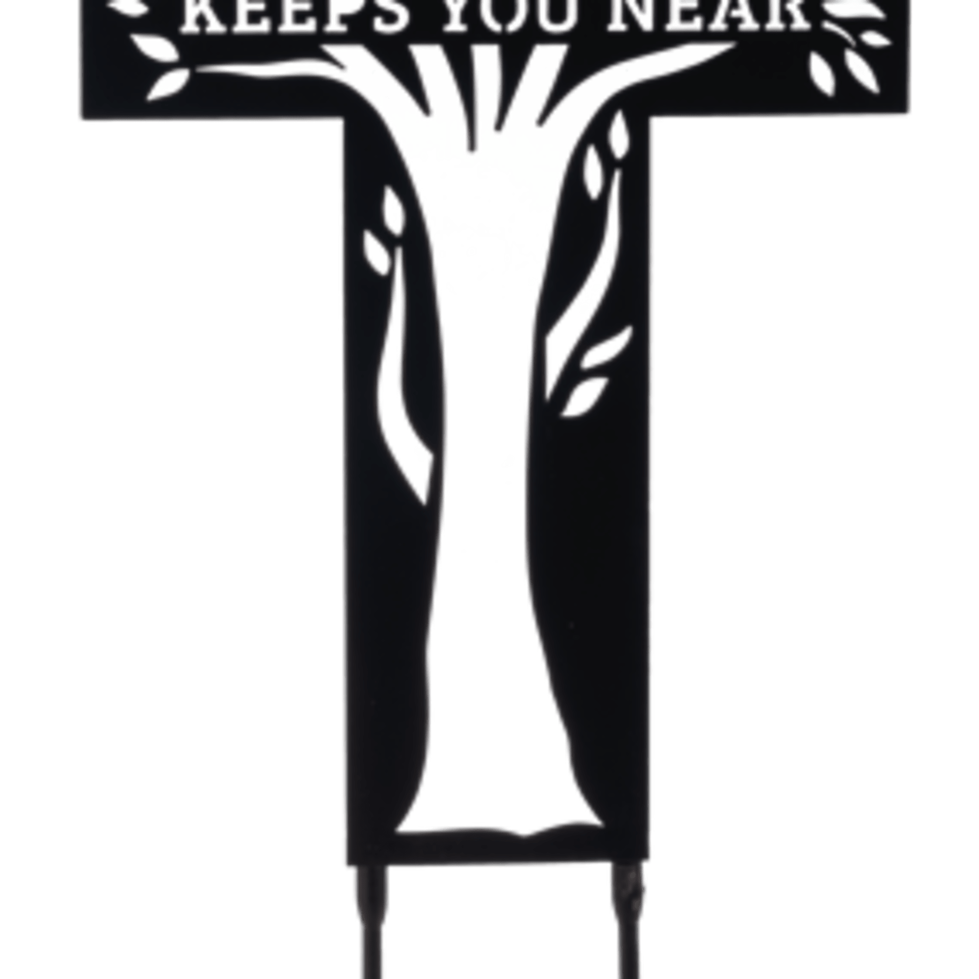 Black memorial cross sign with a red bird and the words Remembering Keeps You Near