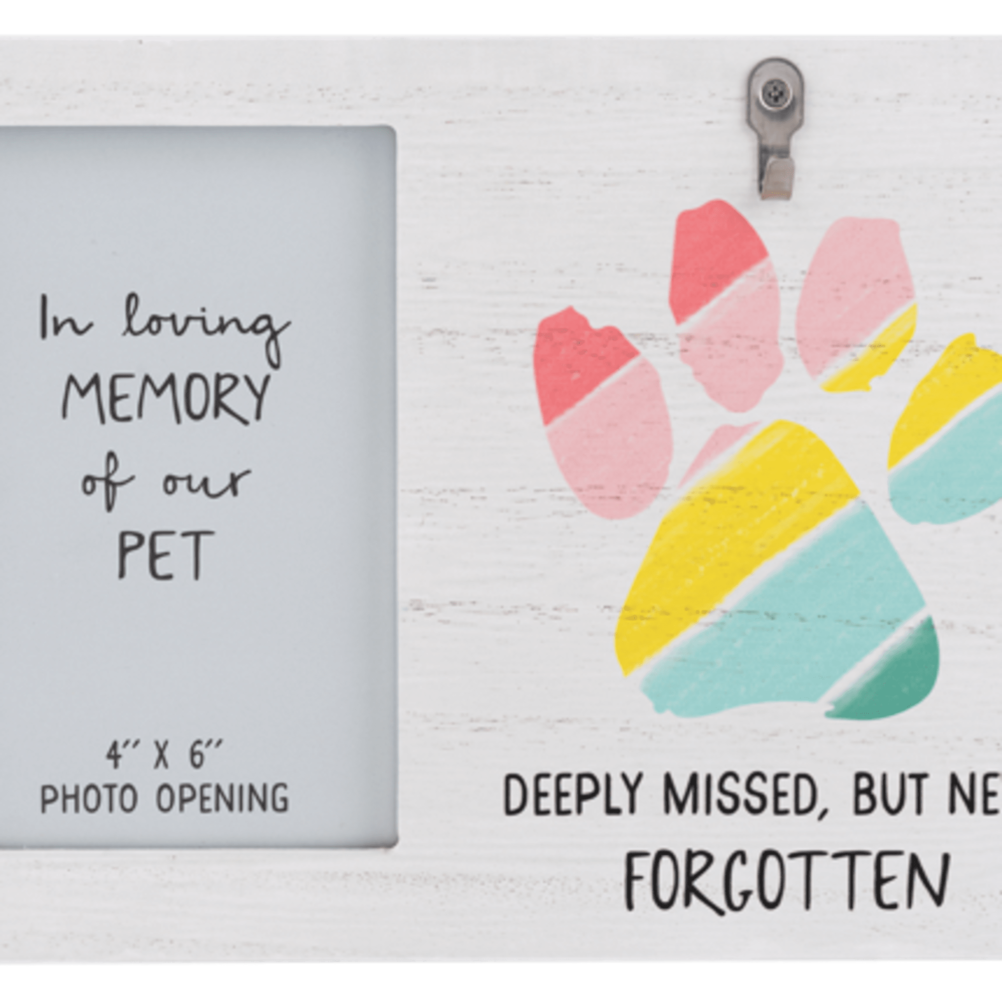 Pet memorial photo frame with a colorful paw print design