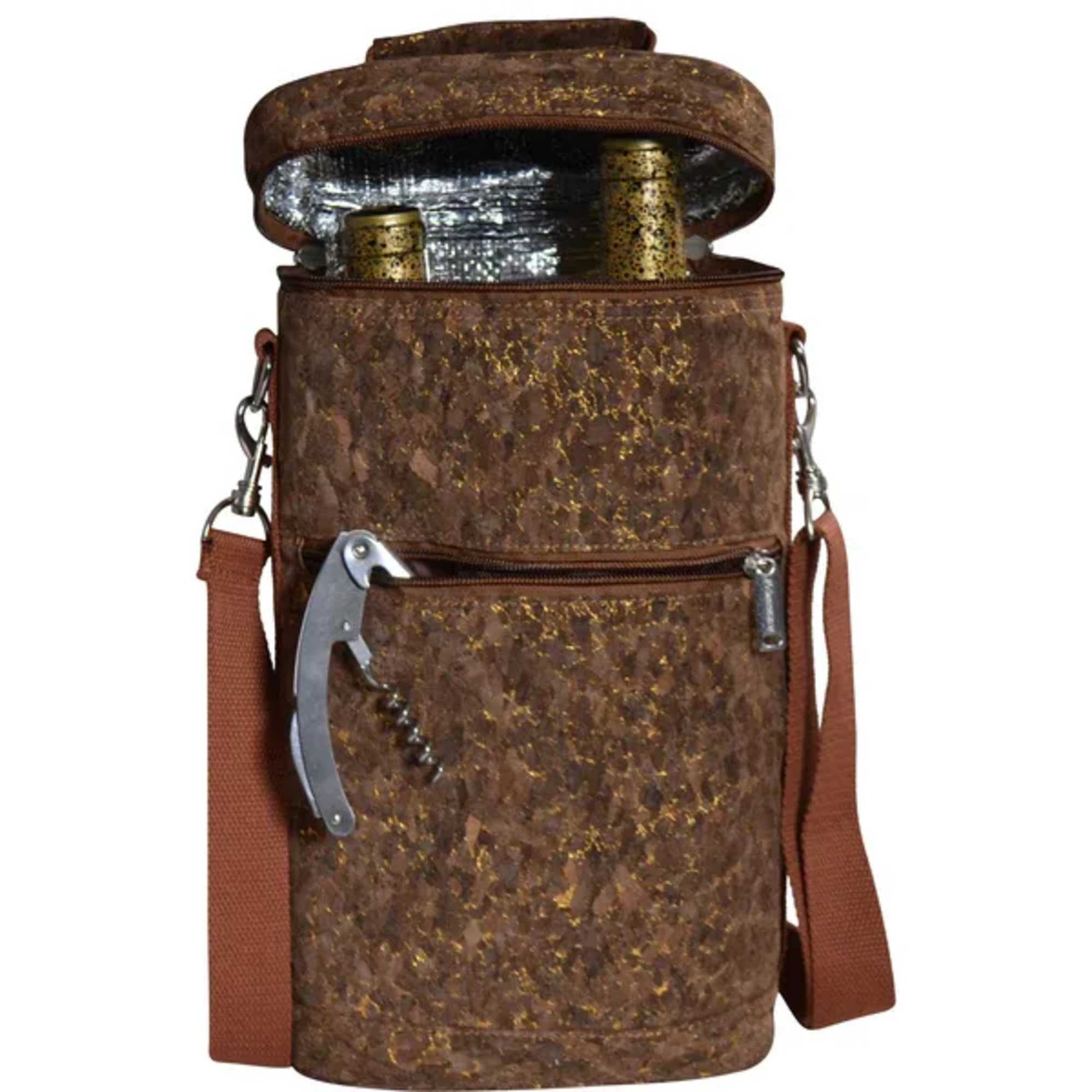Brown insulated wine tote bag with shoulder strap and corkscrew
