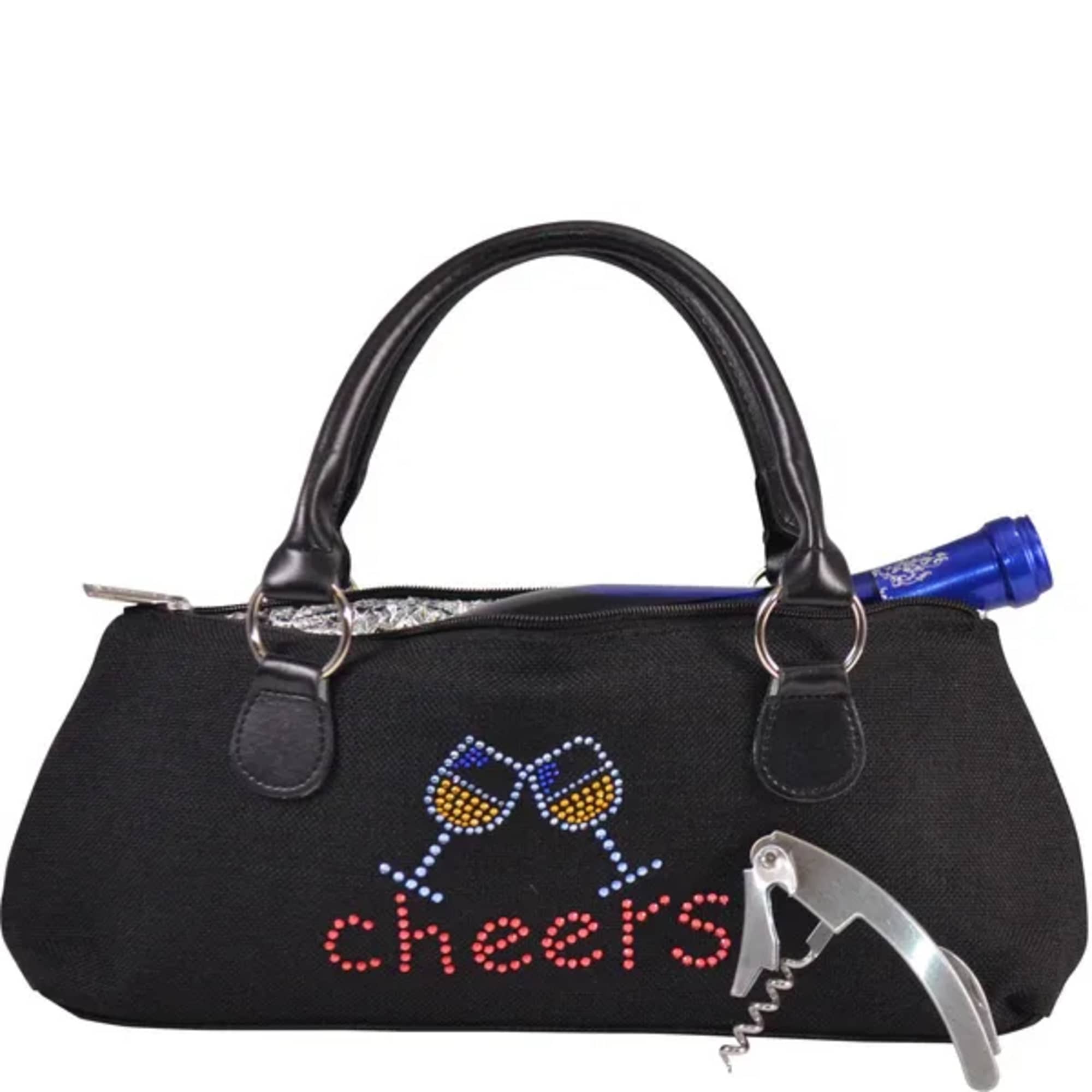 Black tote bag with a wine bottle, corkscrew, and "cheers" graphic