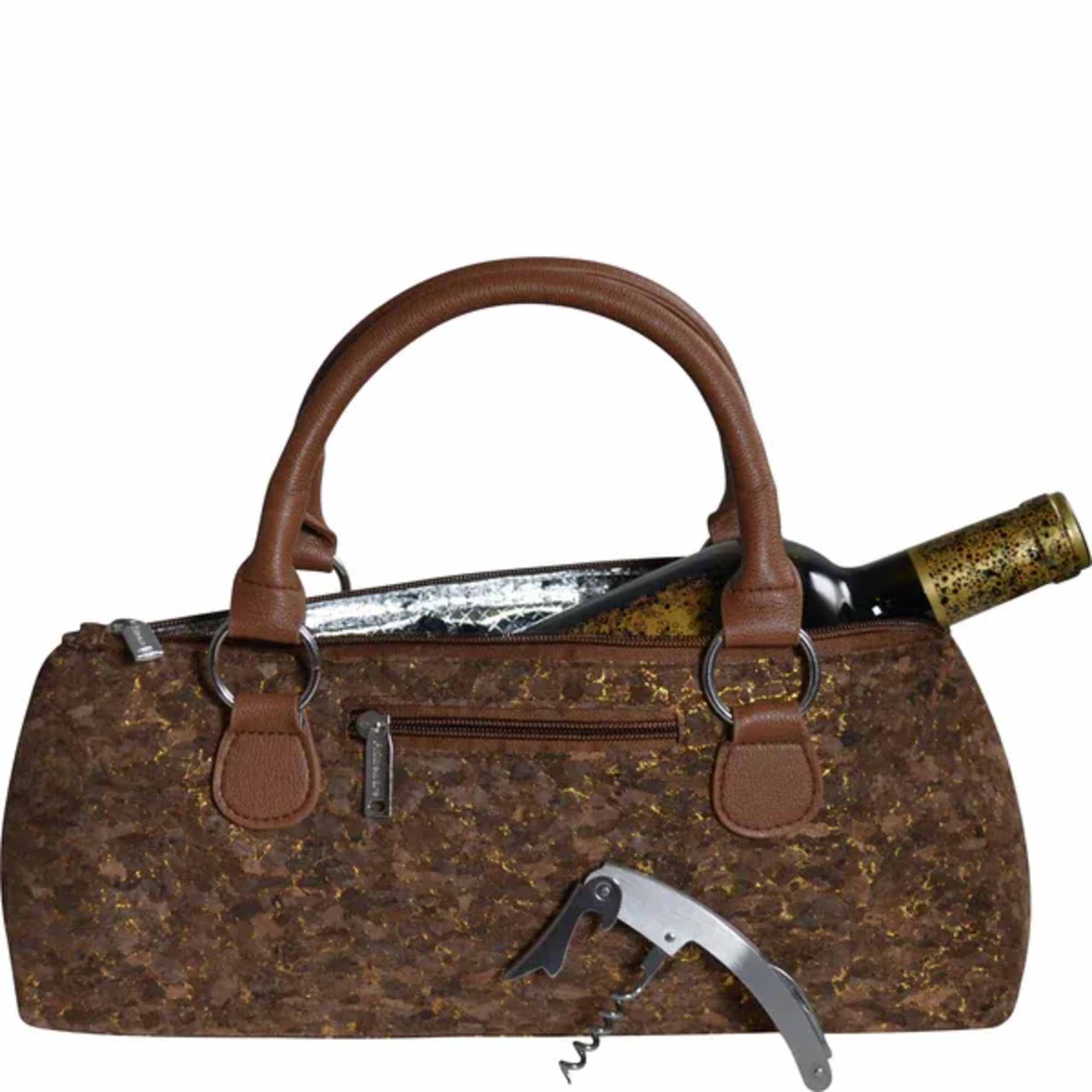 Wine bottle in a brown handbag with a corkscrew