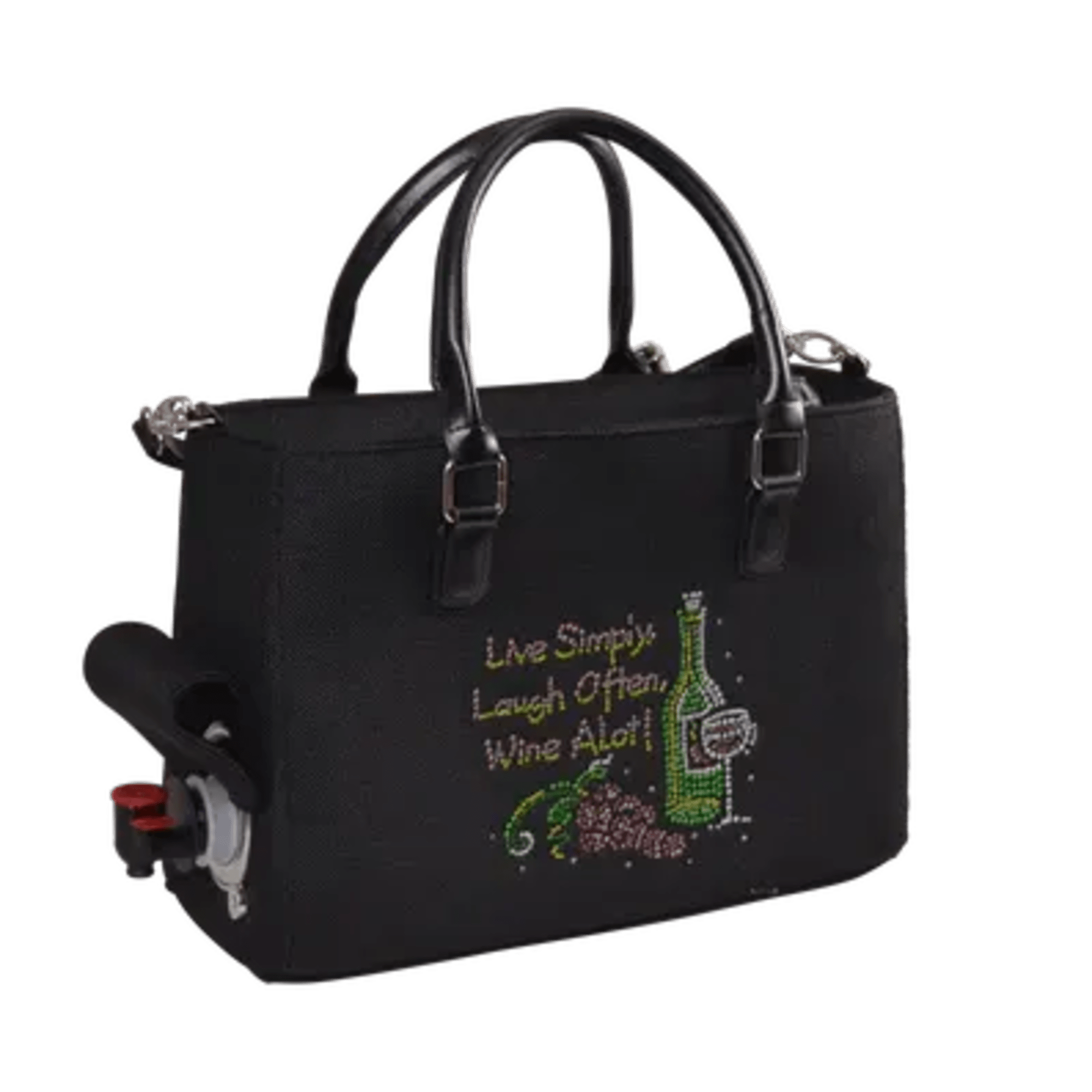 Black wine tote bag with handles and a bottle opener