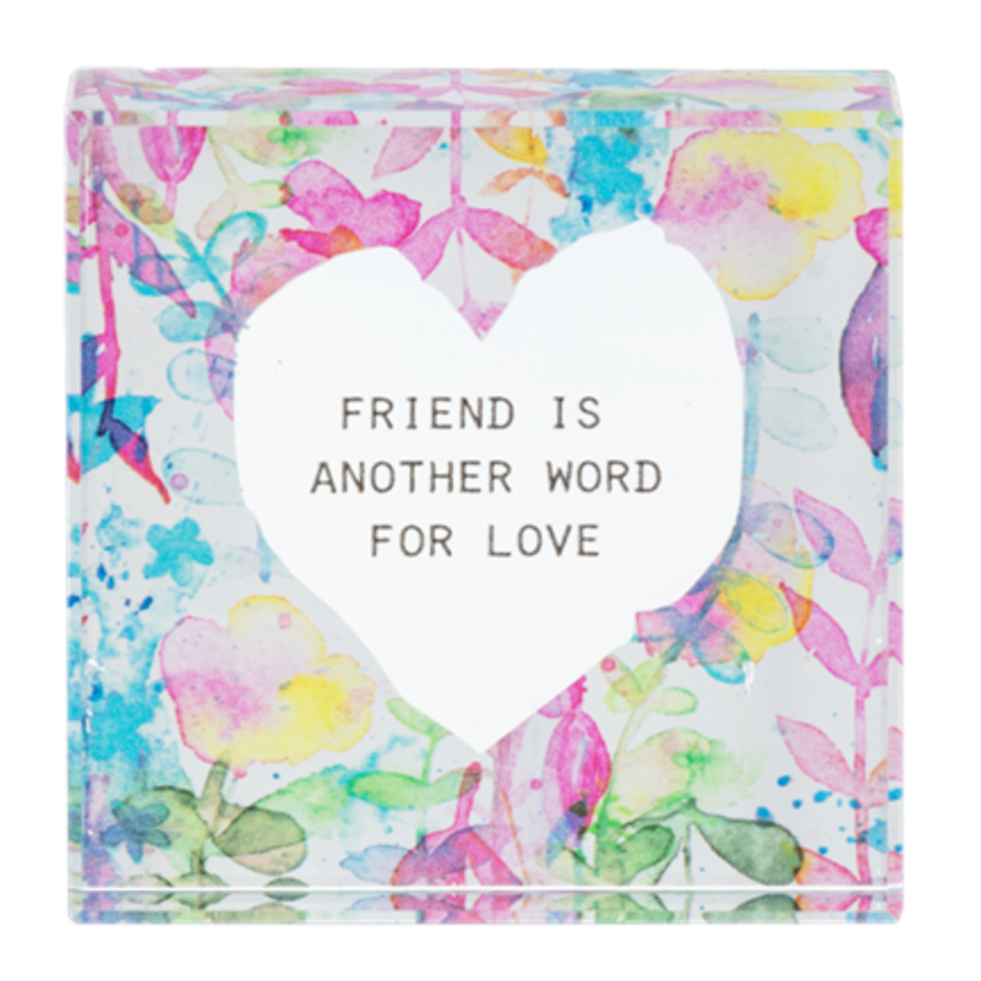 Decorative card with a heart and the words "Friend is another word for love"