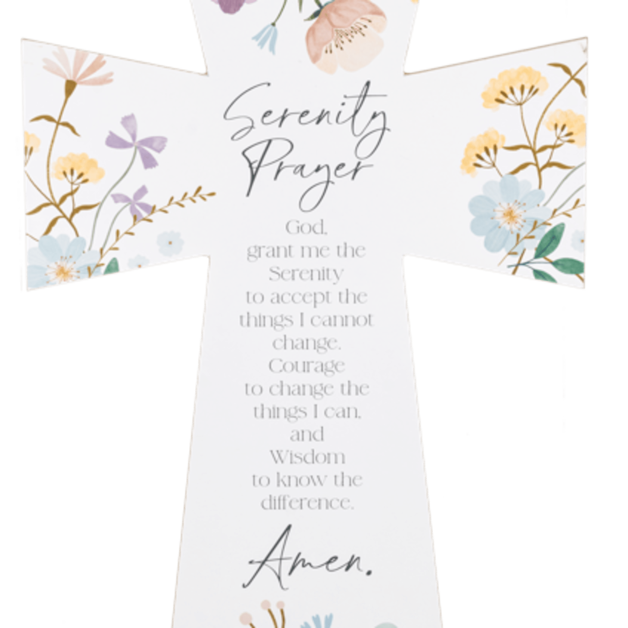 Cross-shaped memorial sign with floral accents and prayer text