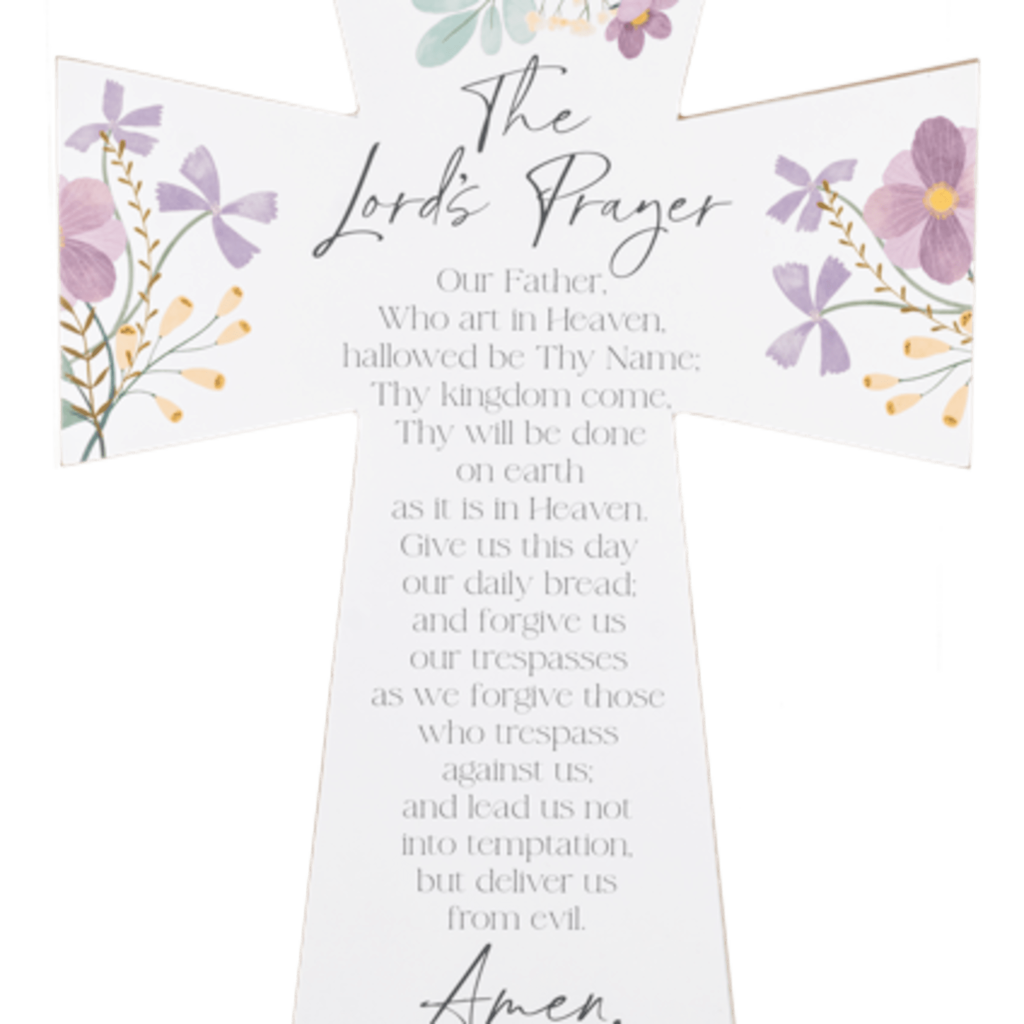 White cross-shaped sign with floral accents and the Lord's Prayer text