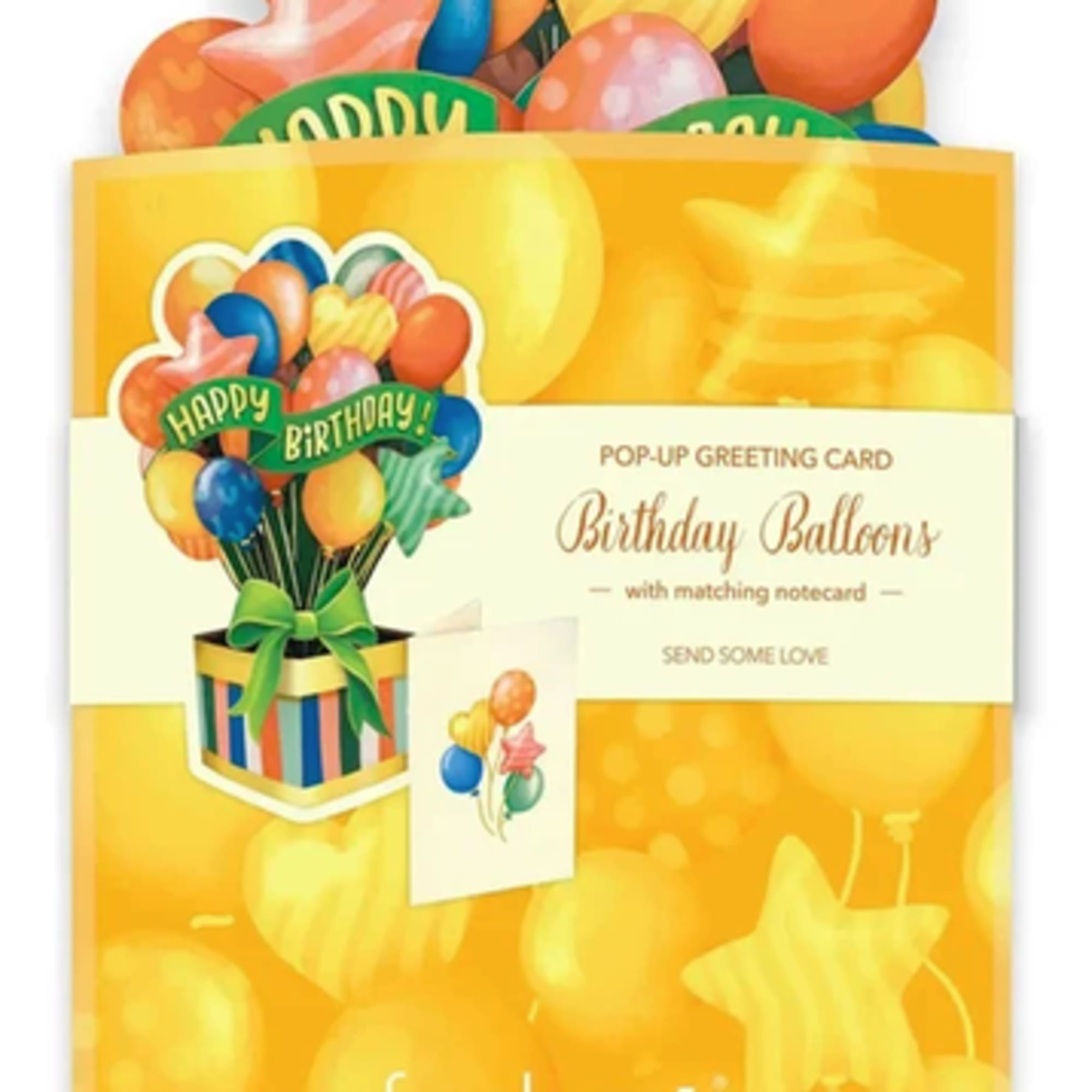 Pop-up birthday greeting card with colorful balloons and a gift box