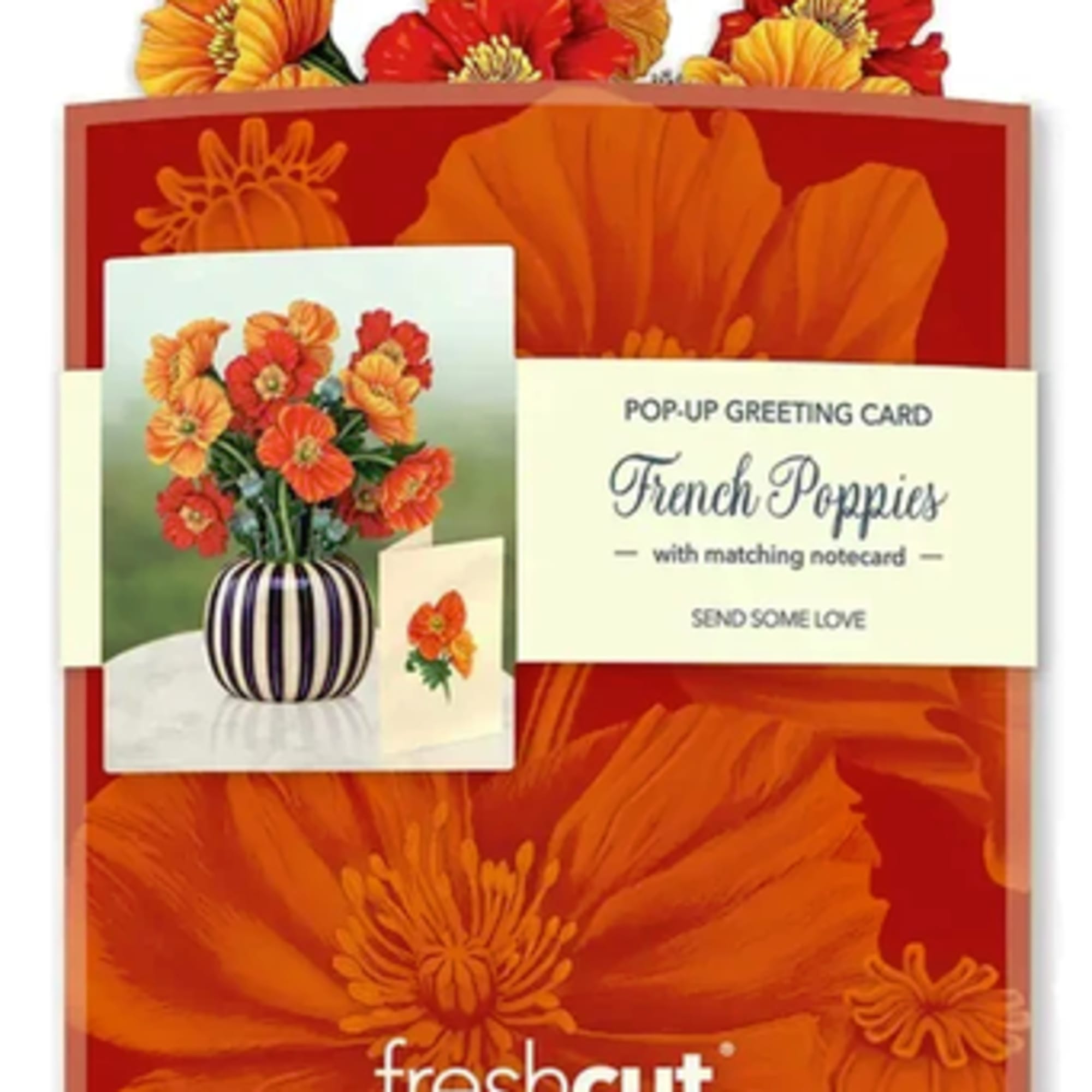 Pop-up greeting card with orange and red flowers and a matching note card