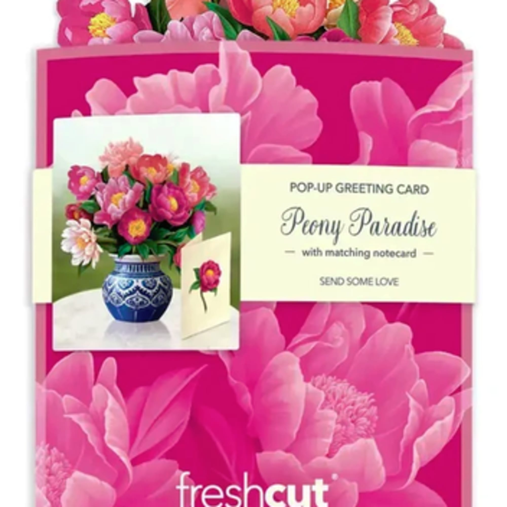 Pop-up greeting card with pink peonies and a matching note card
