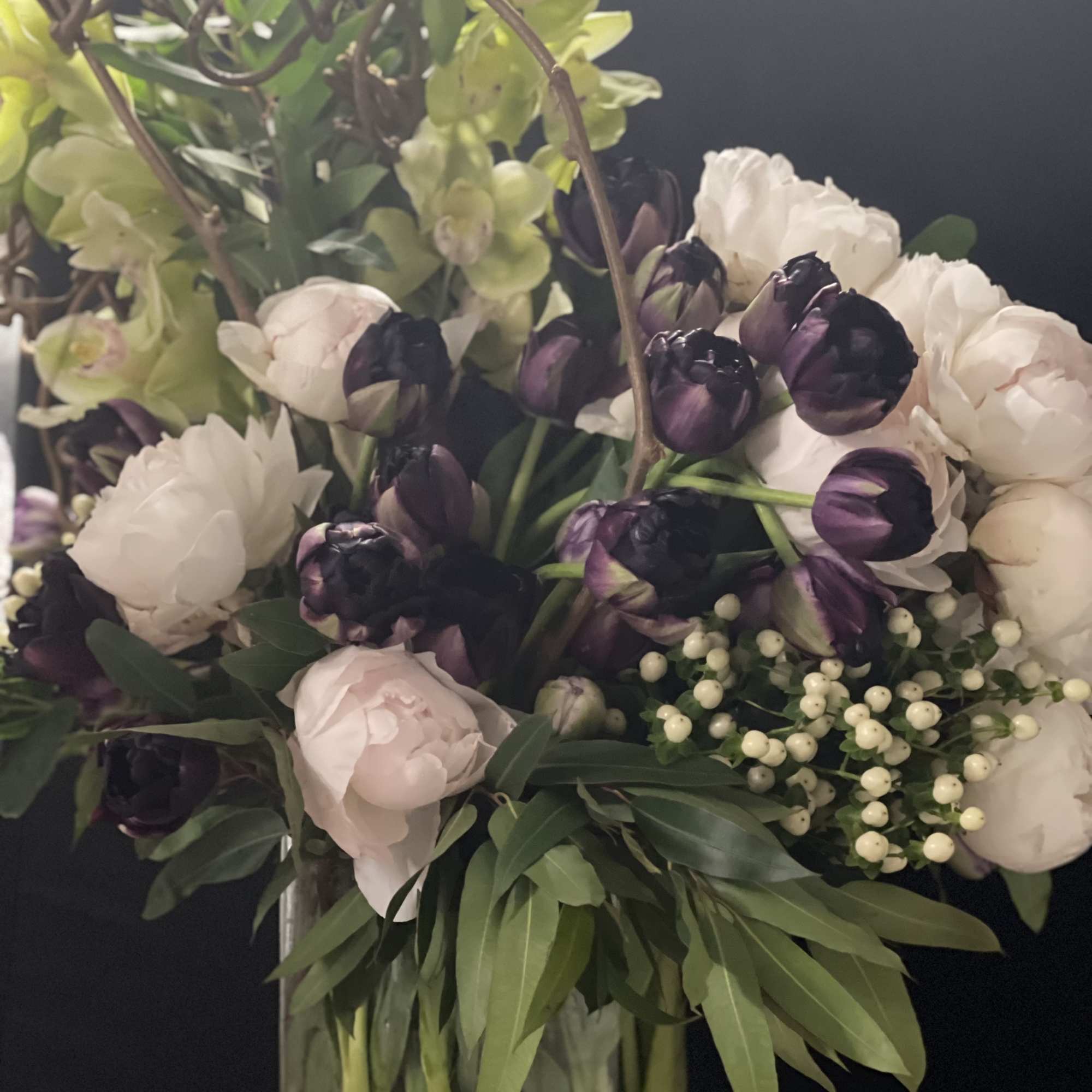 Bouquet of white and dark purple tulips with green orchids