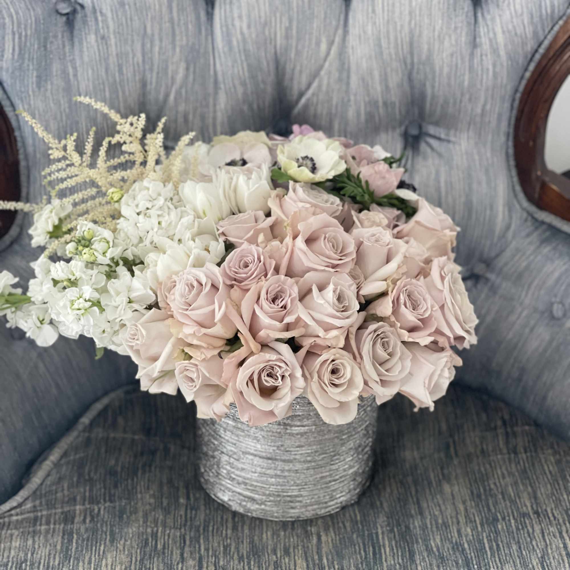 Blush and white rose bouquet in a silver textured vase, photo 3 of 7