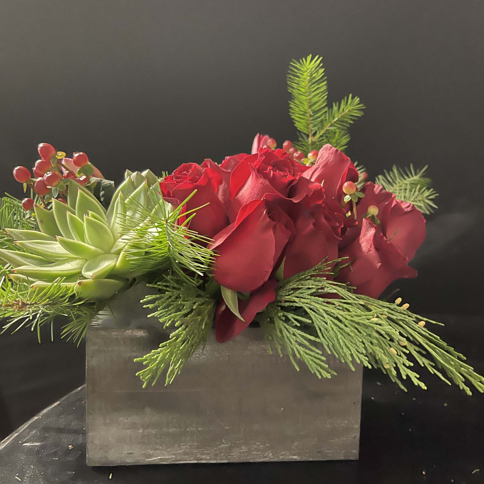Beautiful red rose design with succulents and Christmas greens. , photo 3 of 4