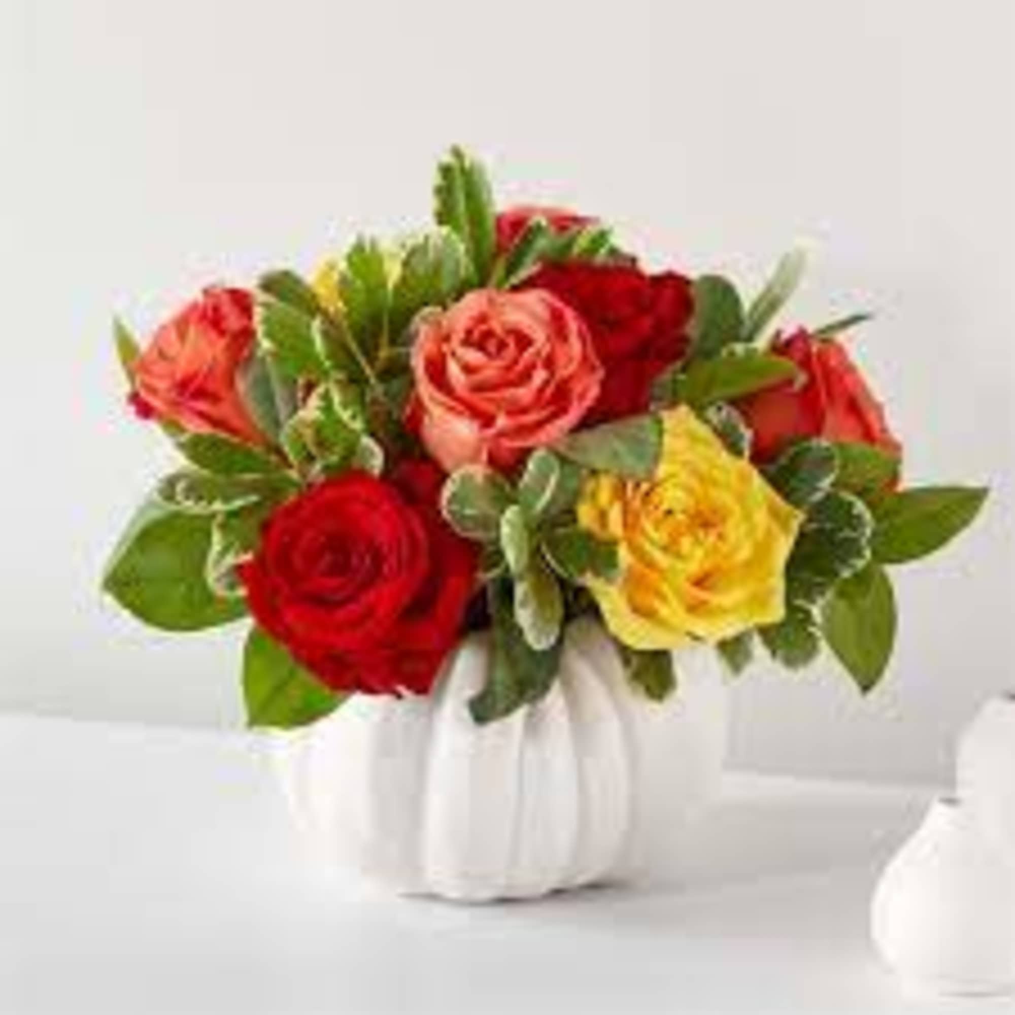 Bouquet of red, pink, and yellow roses in a white vase