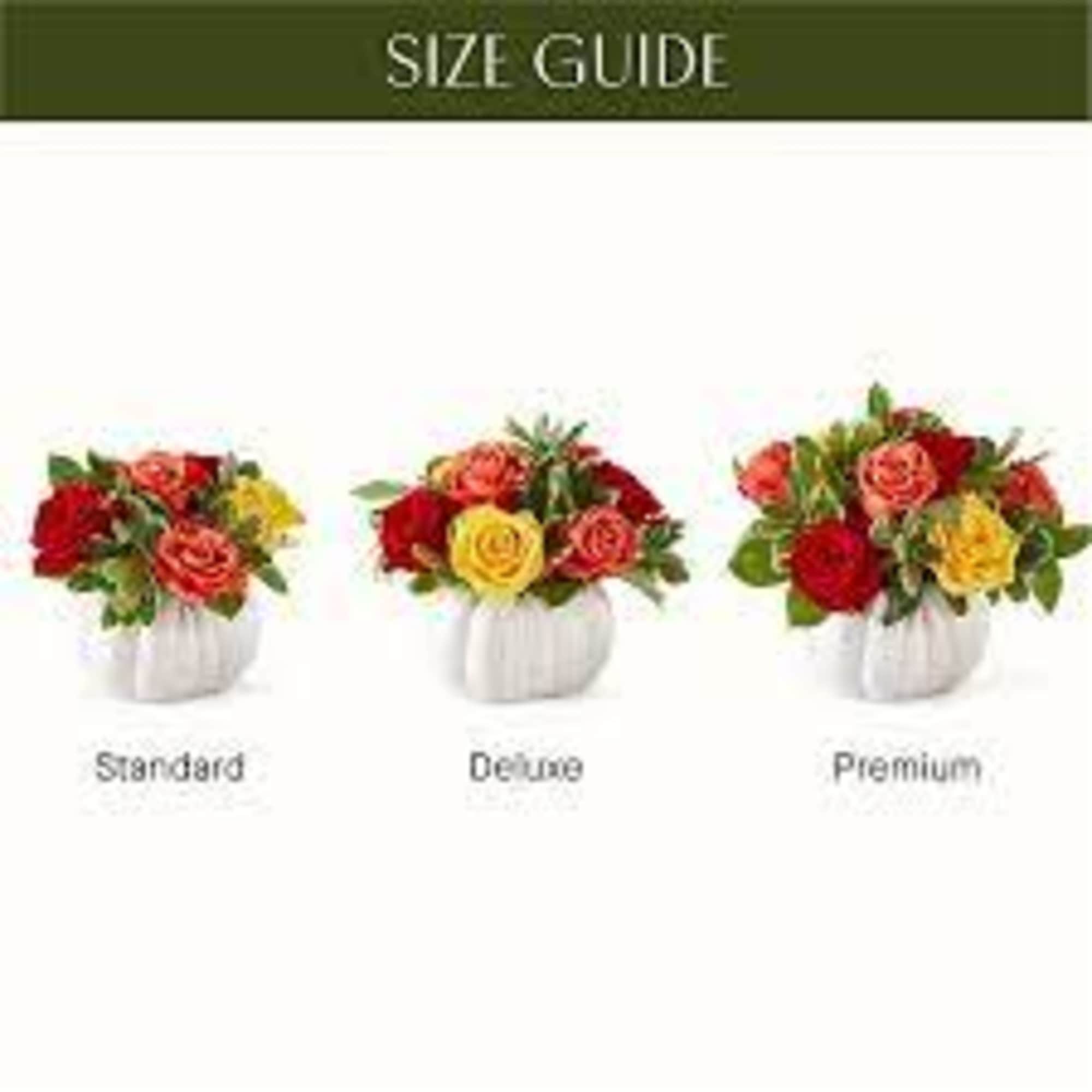 Three rose arrangements in white containers labeled standard, deluxe, and premium
