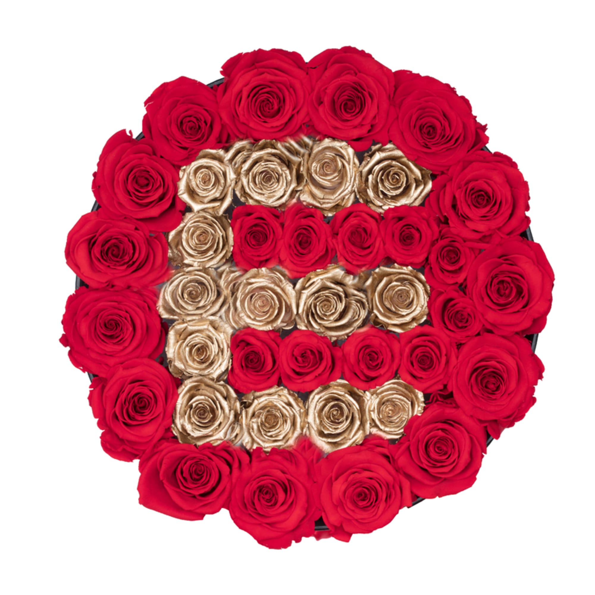 Round box arrangement of red and gold roses