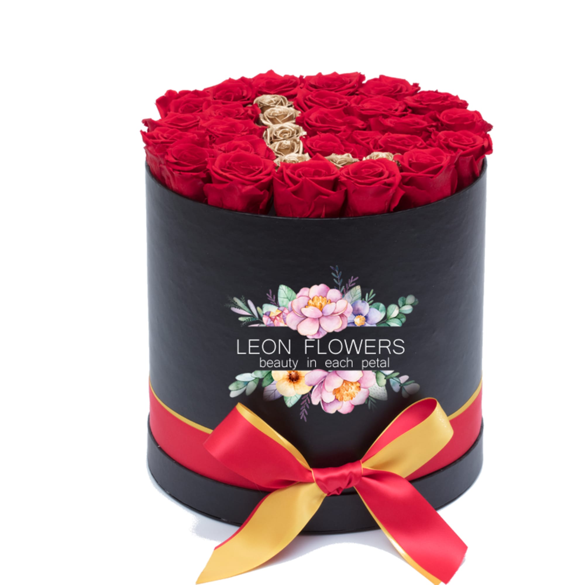 Round box of red roses with a red and gold ribbon