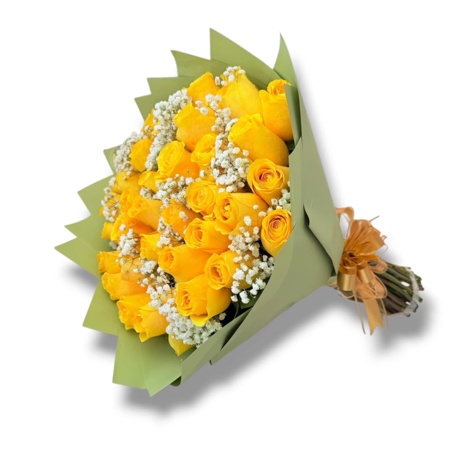 Bouquet of yellow roses with white filler flowers wrapped in green paper