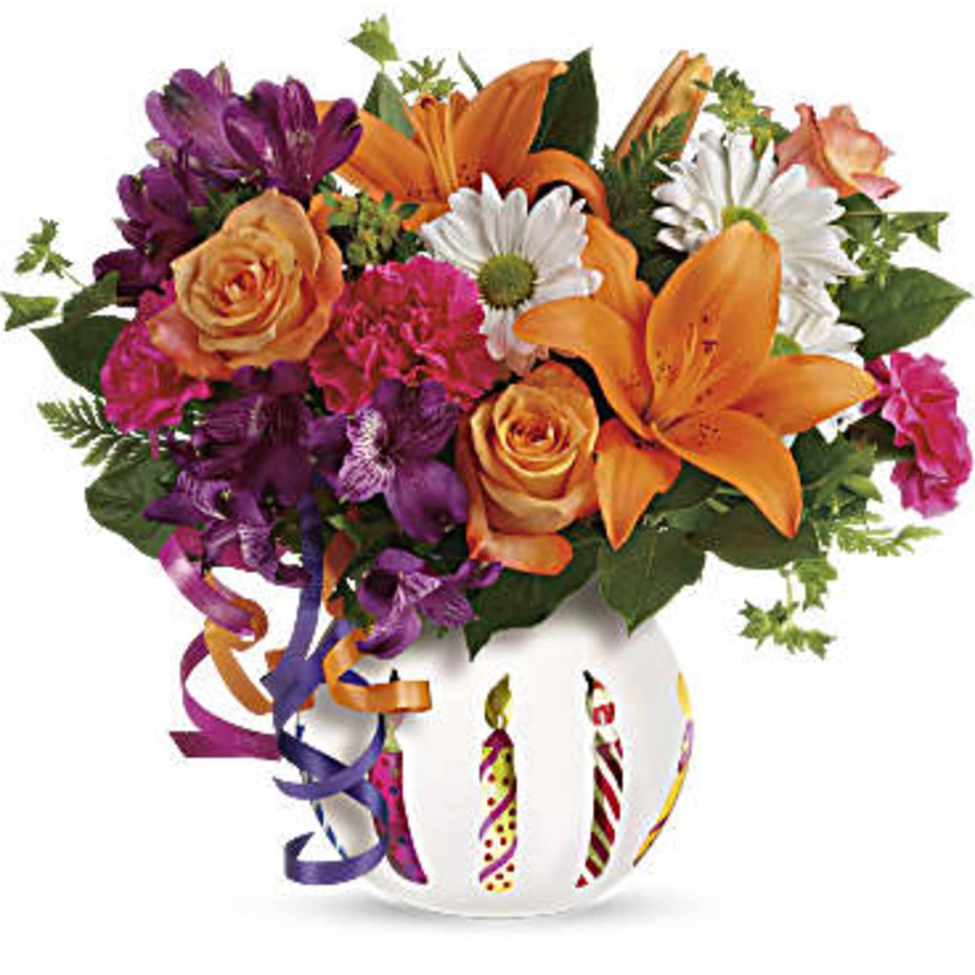 Colorful bouquet in a white vase with ribbon accents