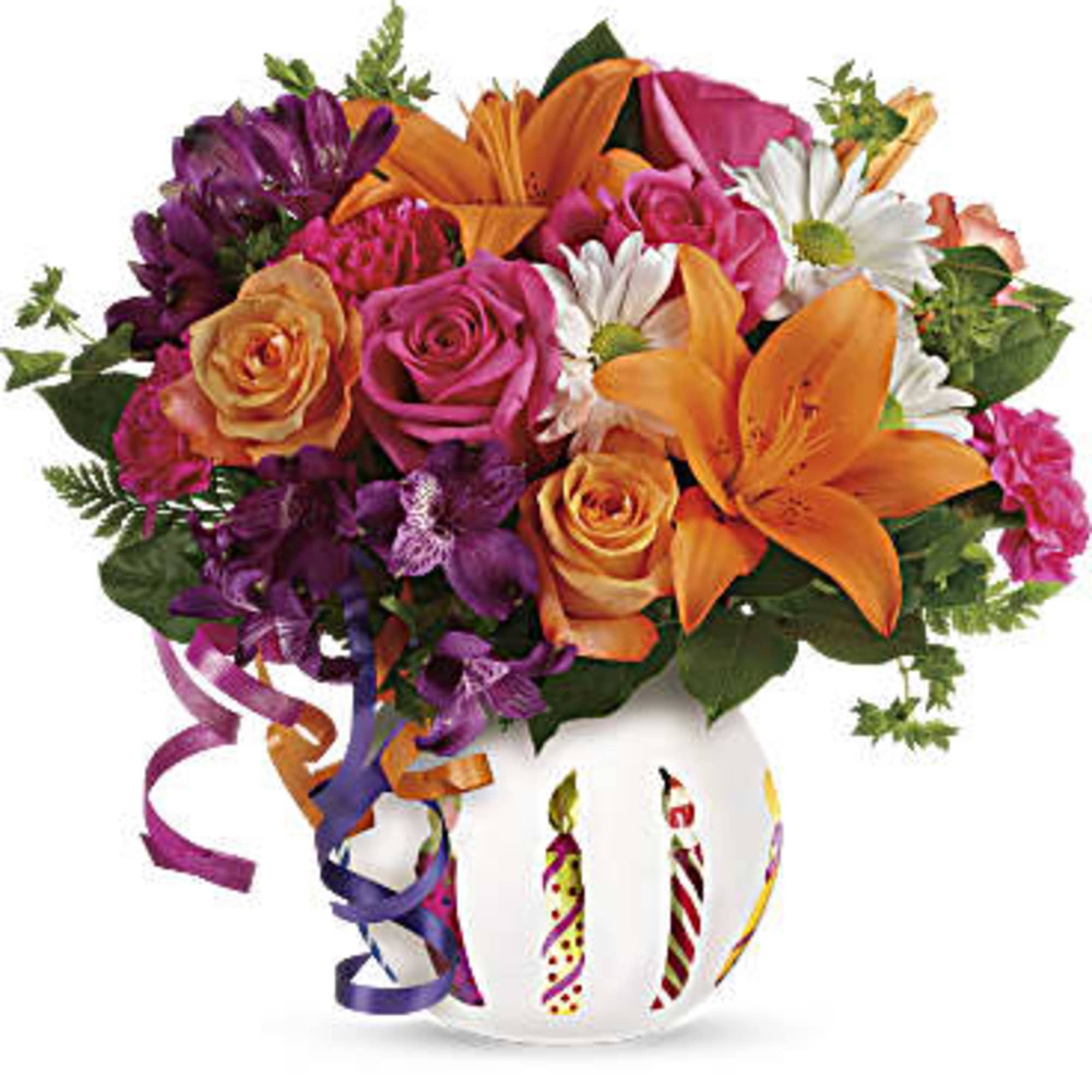 Colorful bouquet of roses, lilies, and daisies in a white pumpkin vase