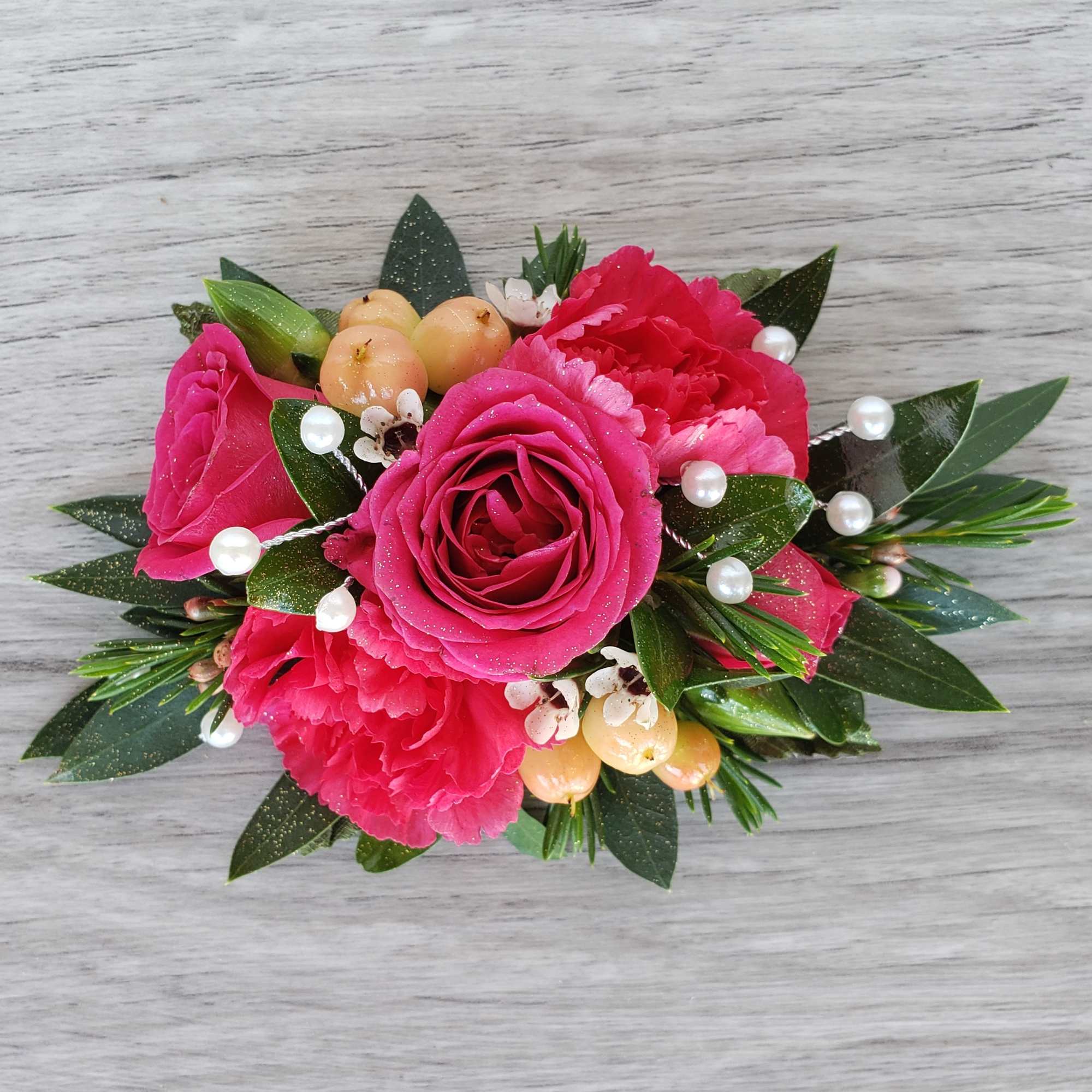 Pink rose and carnation bouquet with pearl accents