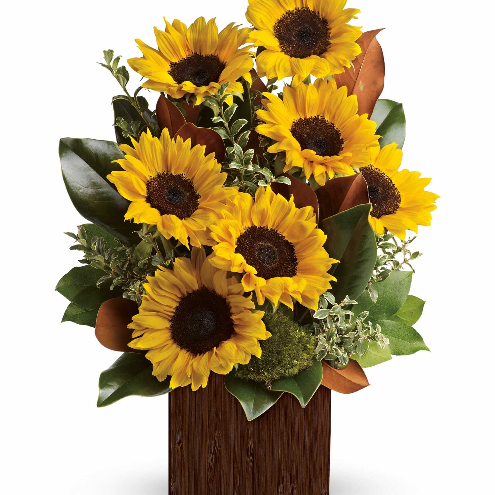 Sunflower arrangement in a rectangular wooden vase