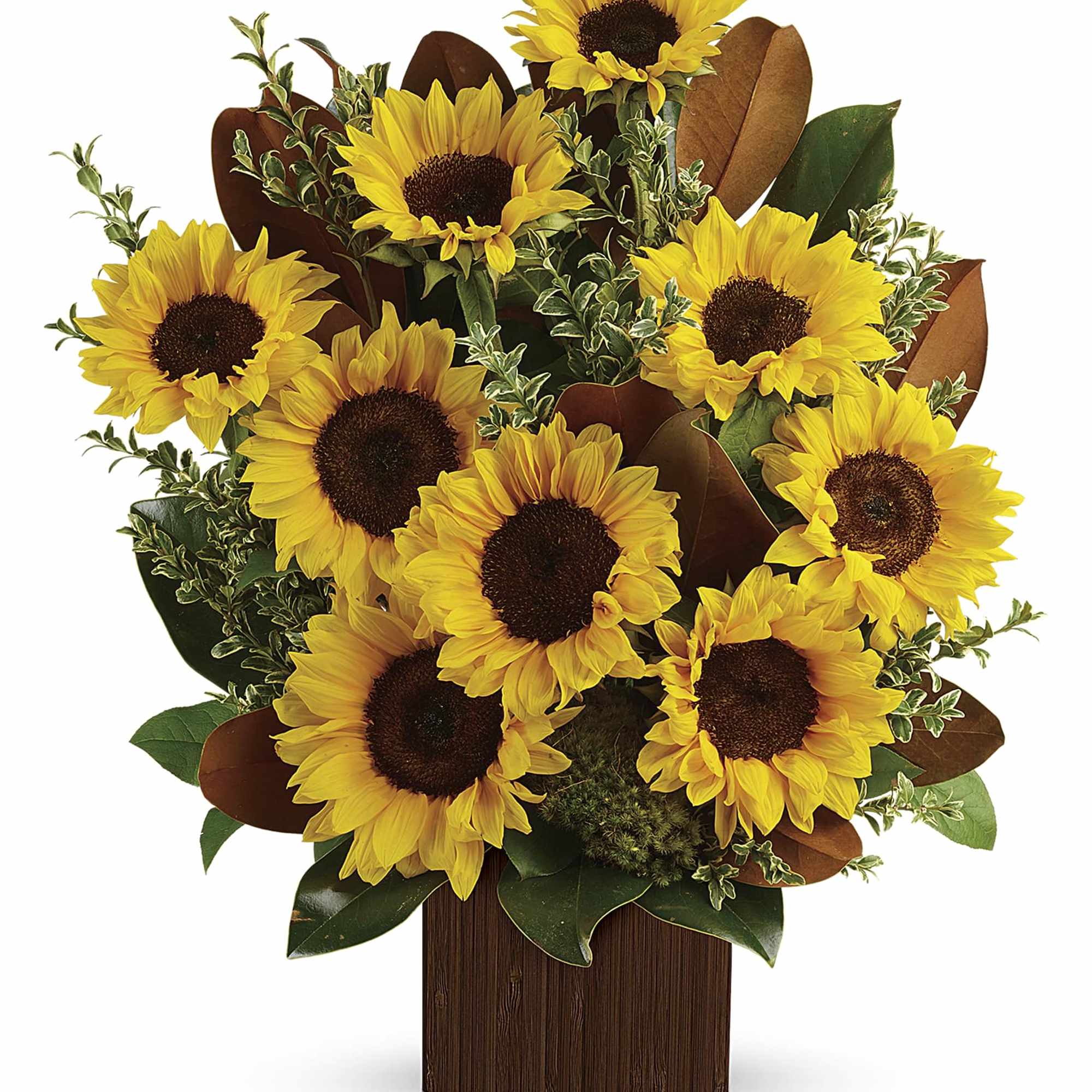 Bouquet of yellow sunflowers in a wooden container