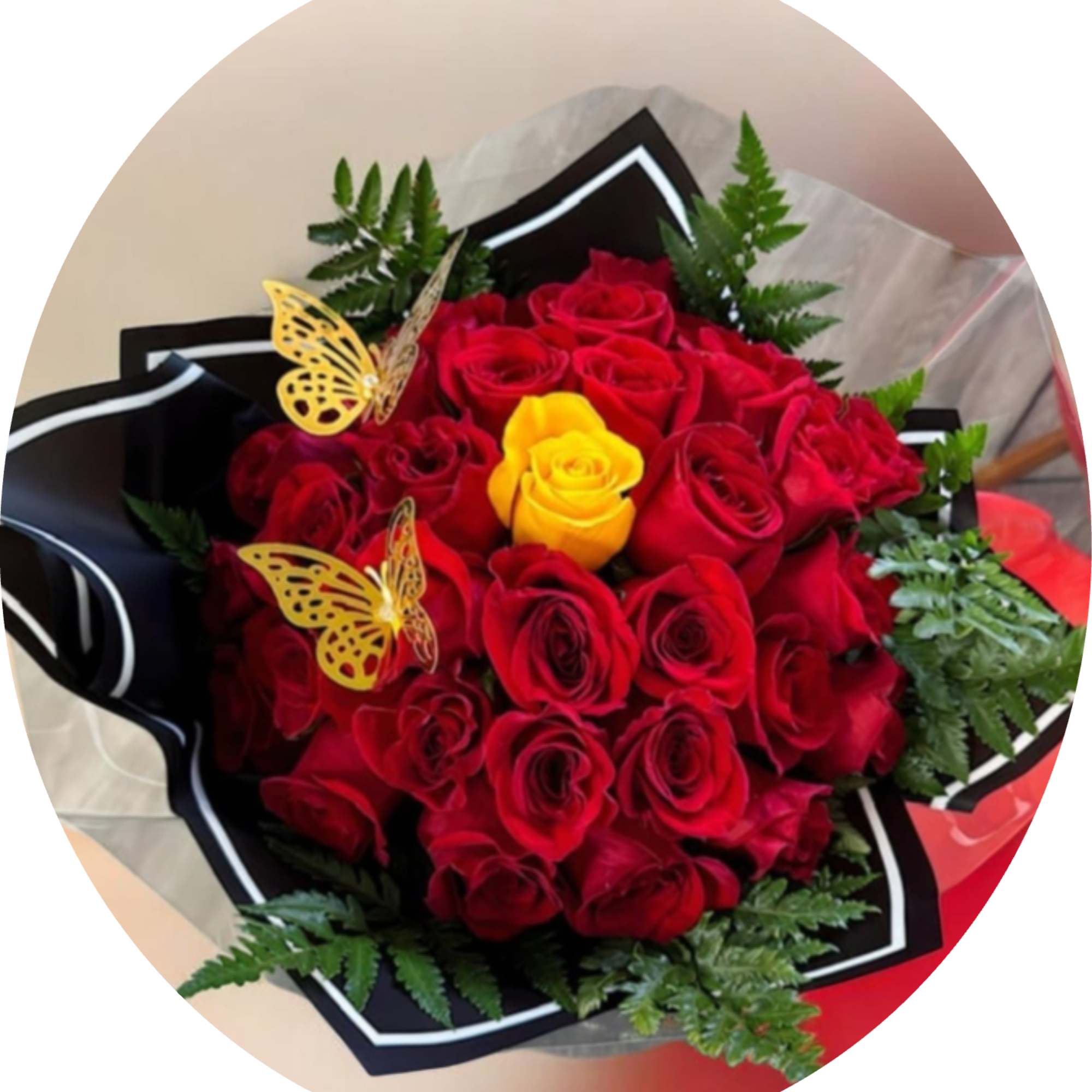 A dense cloud of red roses punctuated by a single bright yellow