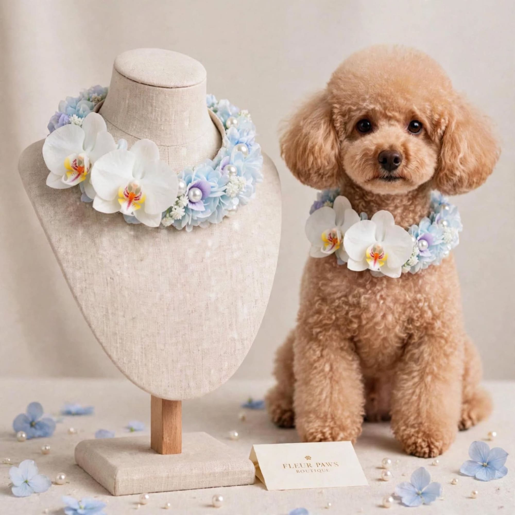 Dog wearing a pastel floral collar beside a matching display bust