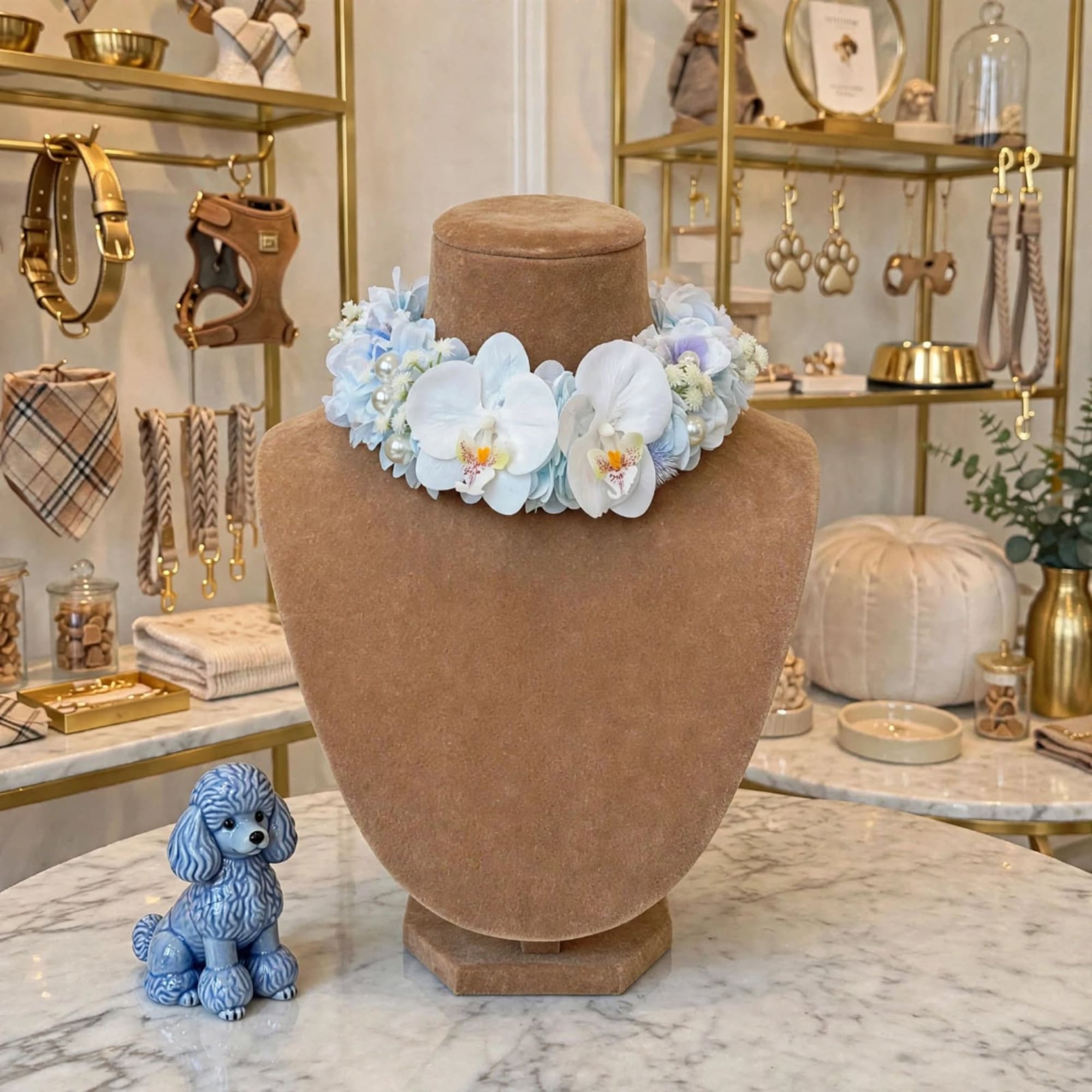 Blue and white floral collar on a tan velvet necklace bust