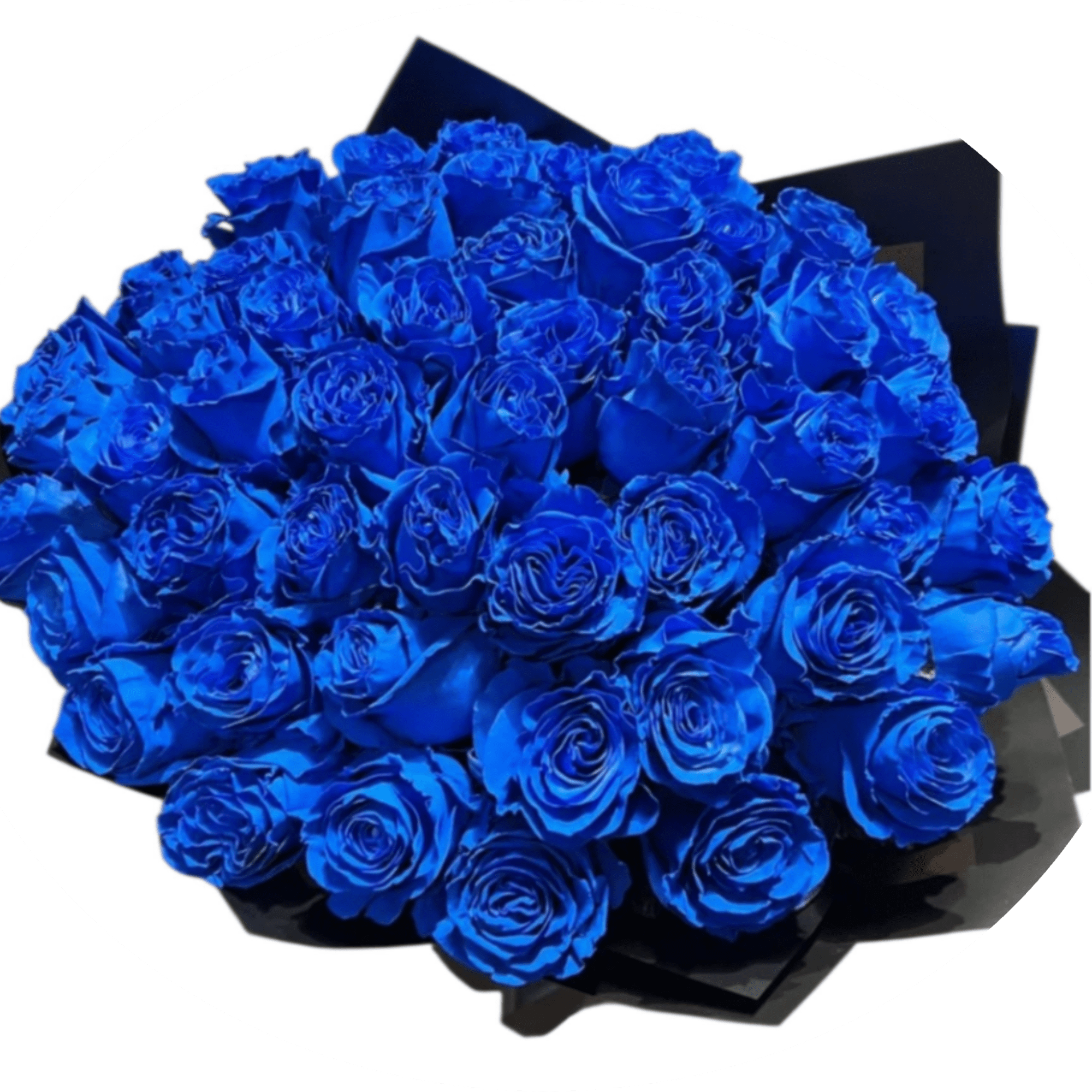 Vivid cobalt-blue roses gathered into a tight, rounded dome make an unforgettable