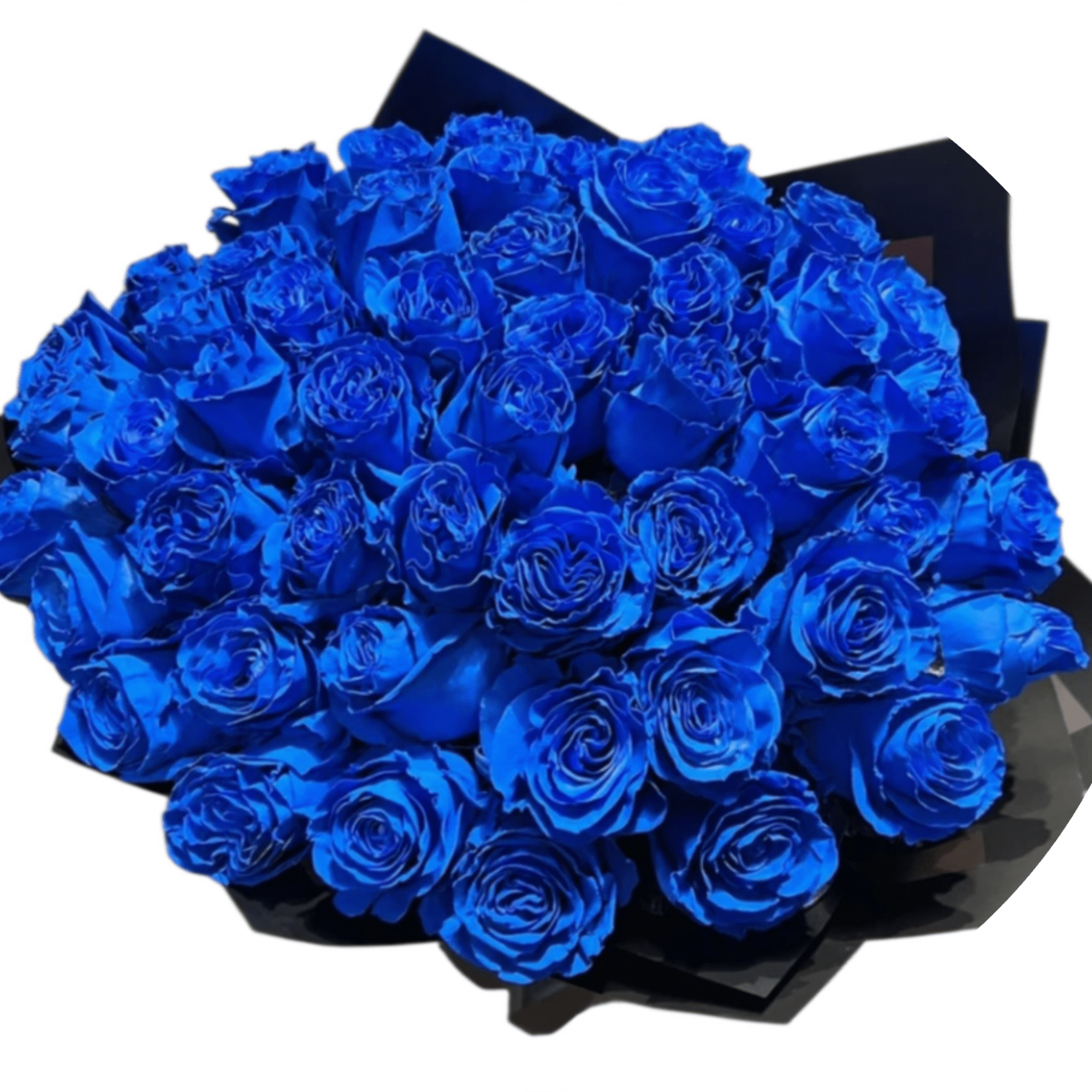 Vivid cobalt-blue roses gathered into a tight, rounded dome make an unforgettable