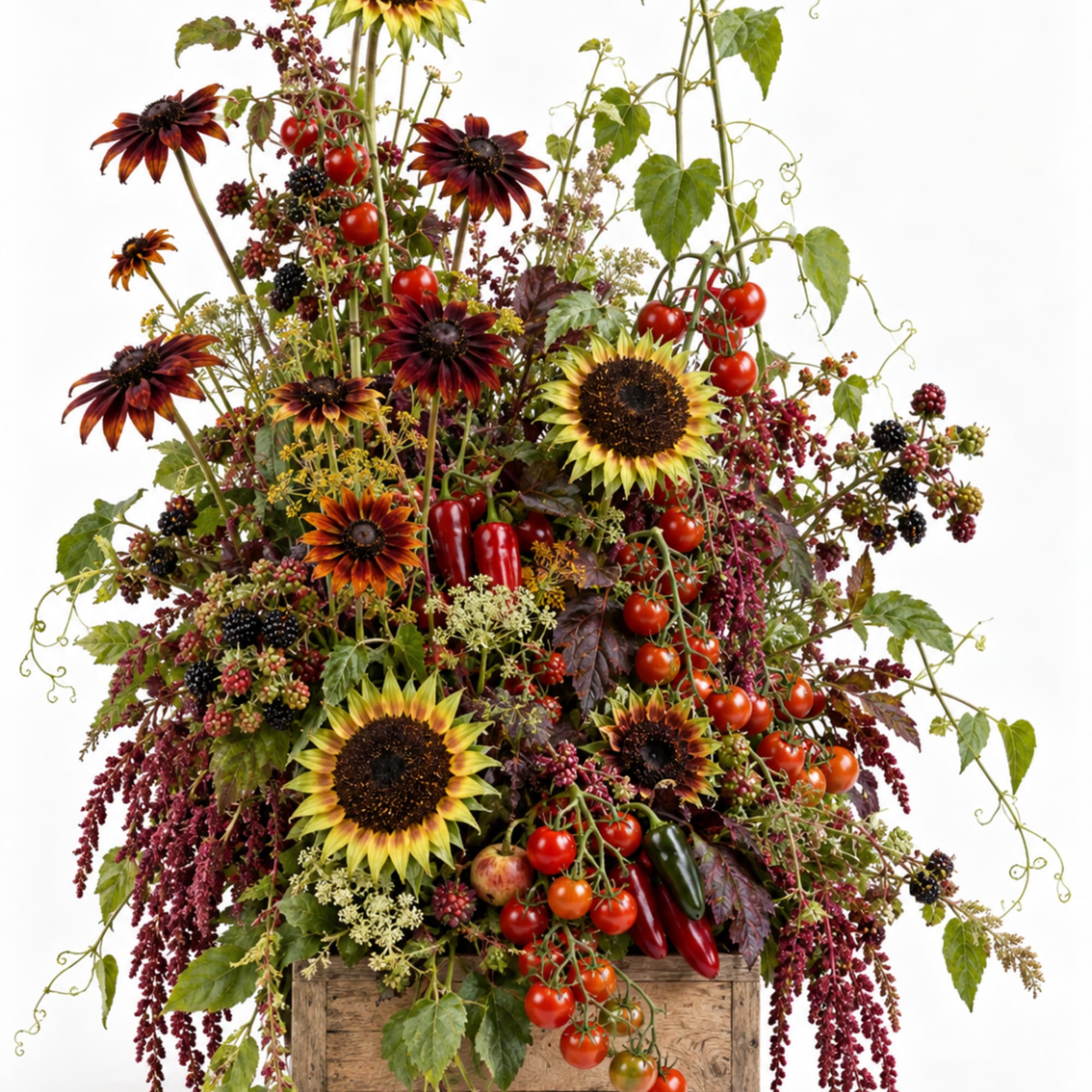 Autumn arrangement with sunflowers, dark daisies, and tomatoes in a wooden crate