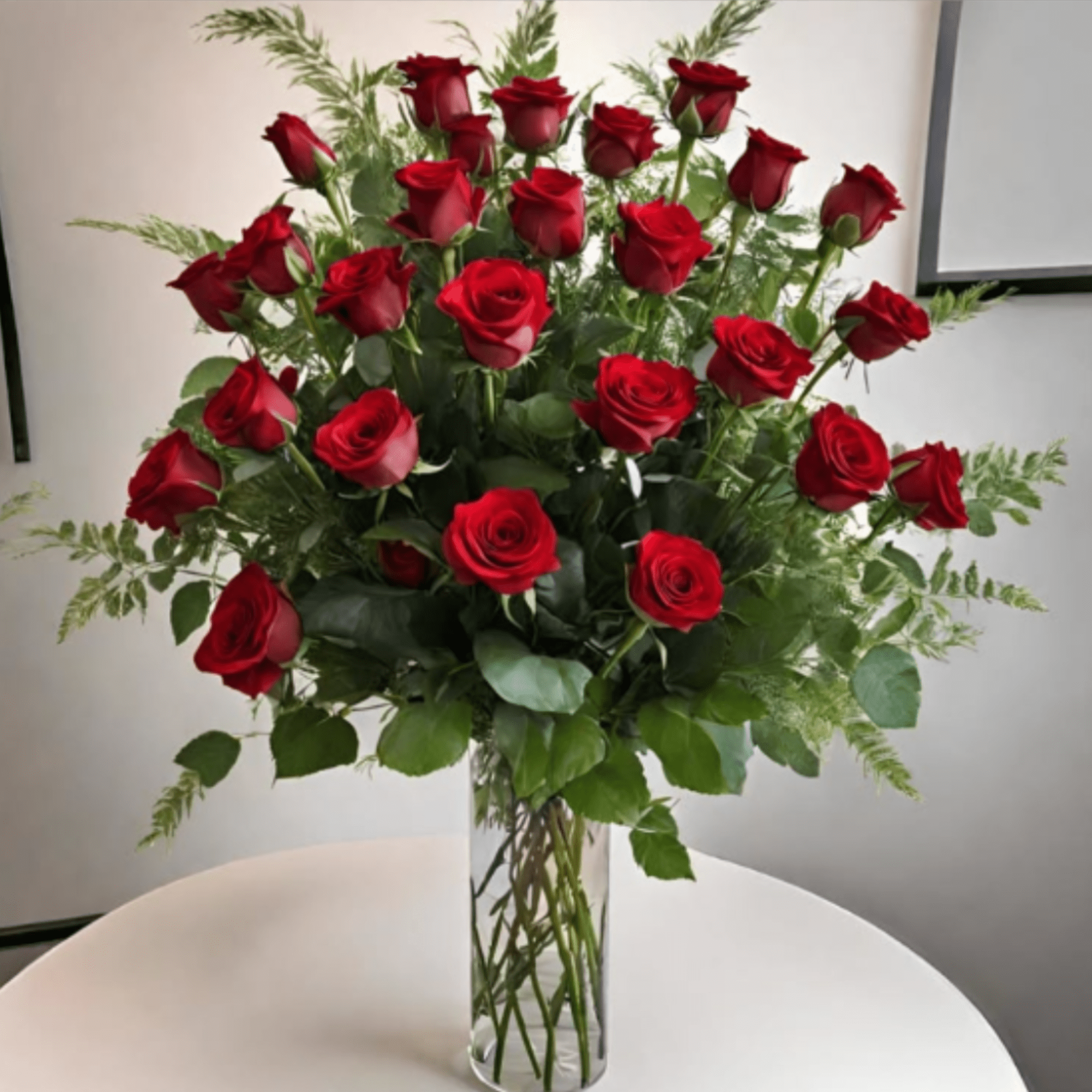 A dense cluster of long-stemmed red roses rises from a tall clear
