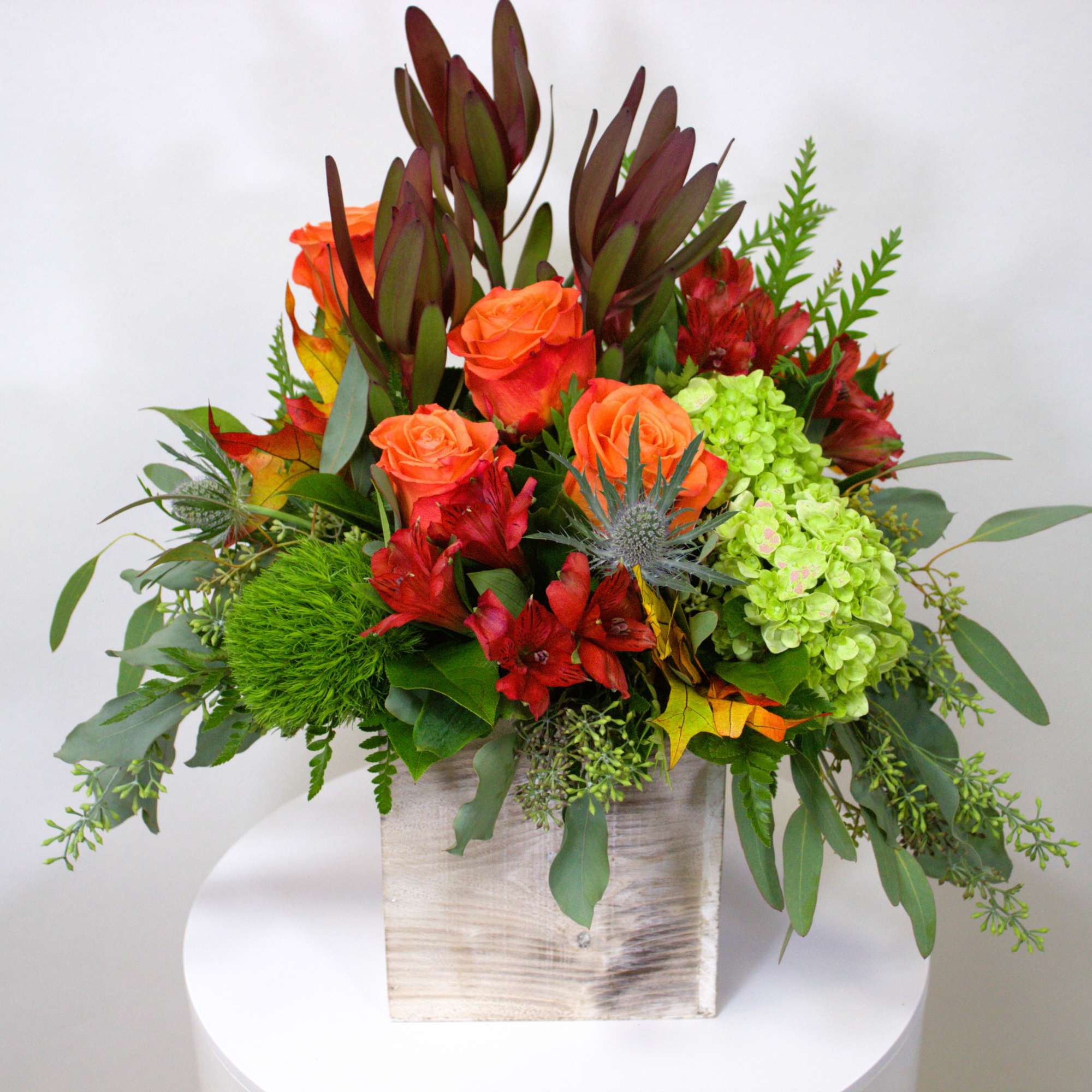 Modern Fall Arrangement in a White Square Wooden Box.