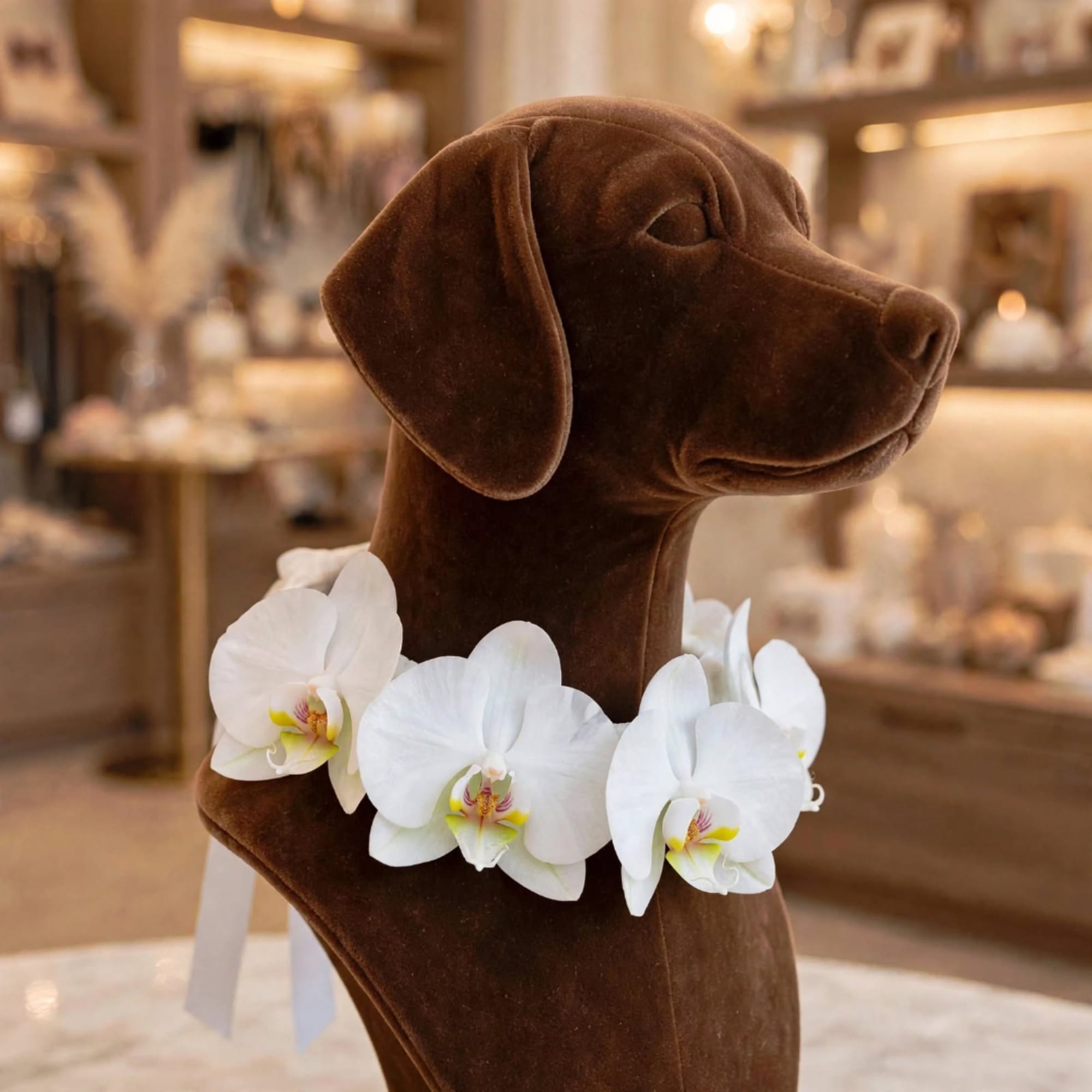 Brown velvet dog-shaped display with white orchid flowers around its neck