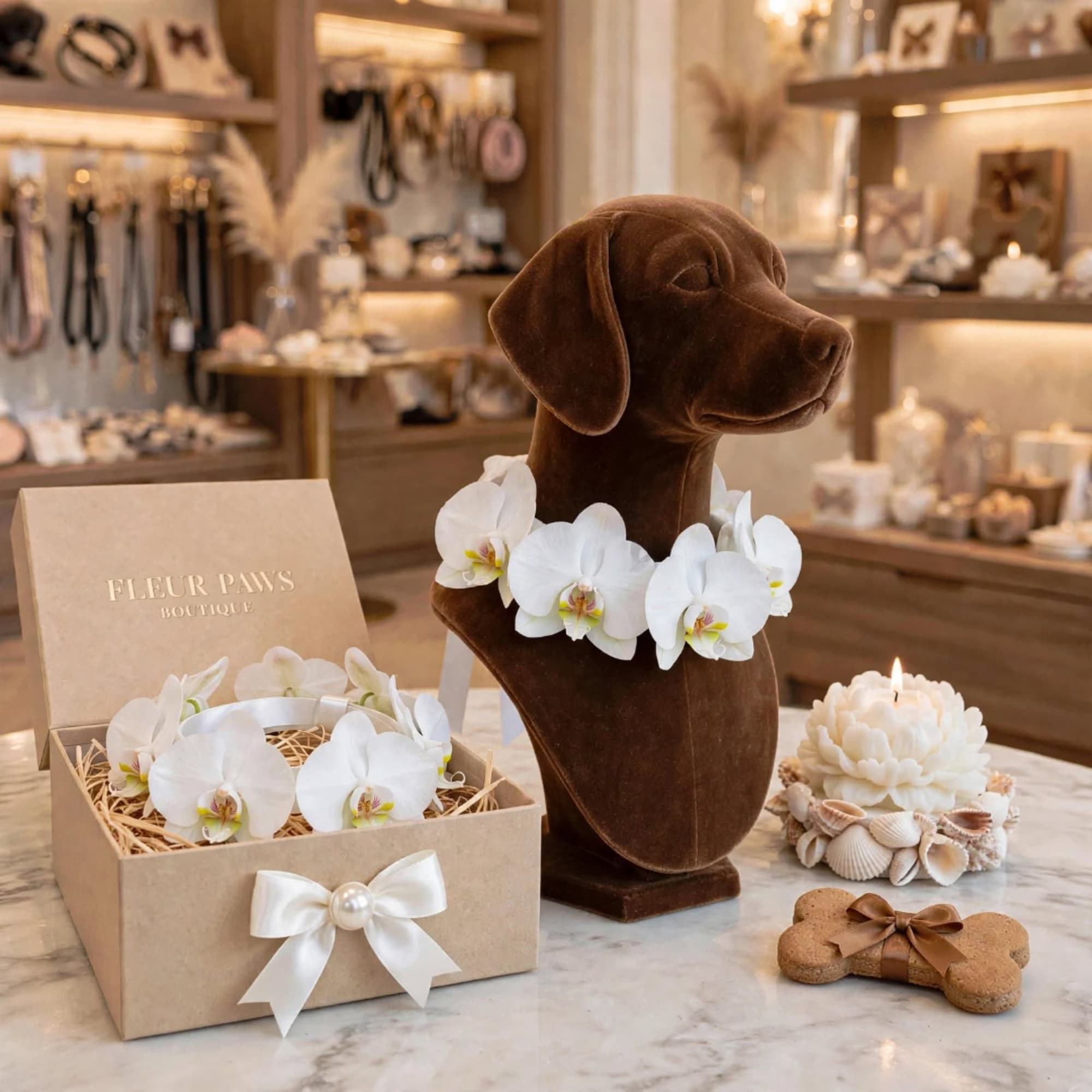 White orchid collar on a brown velvet dog bust with a matching gift box
