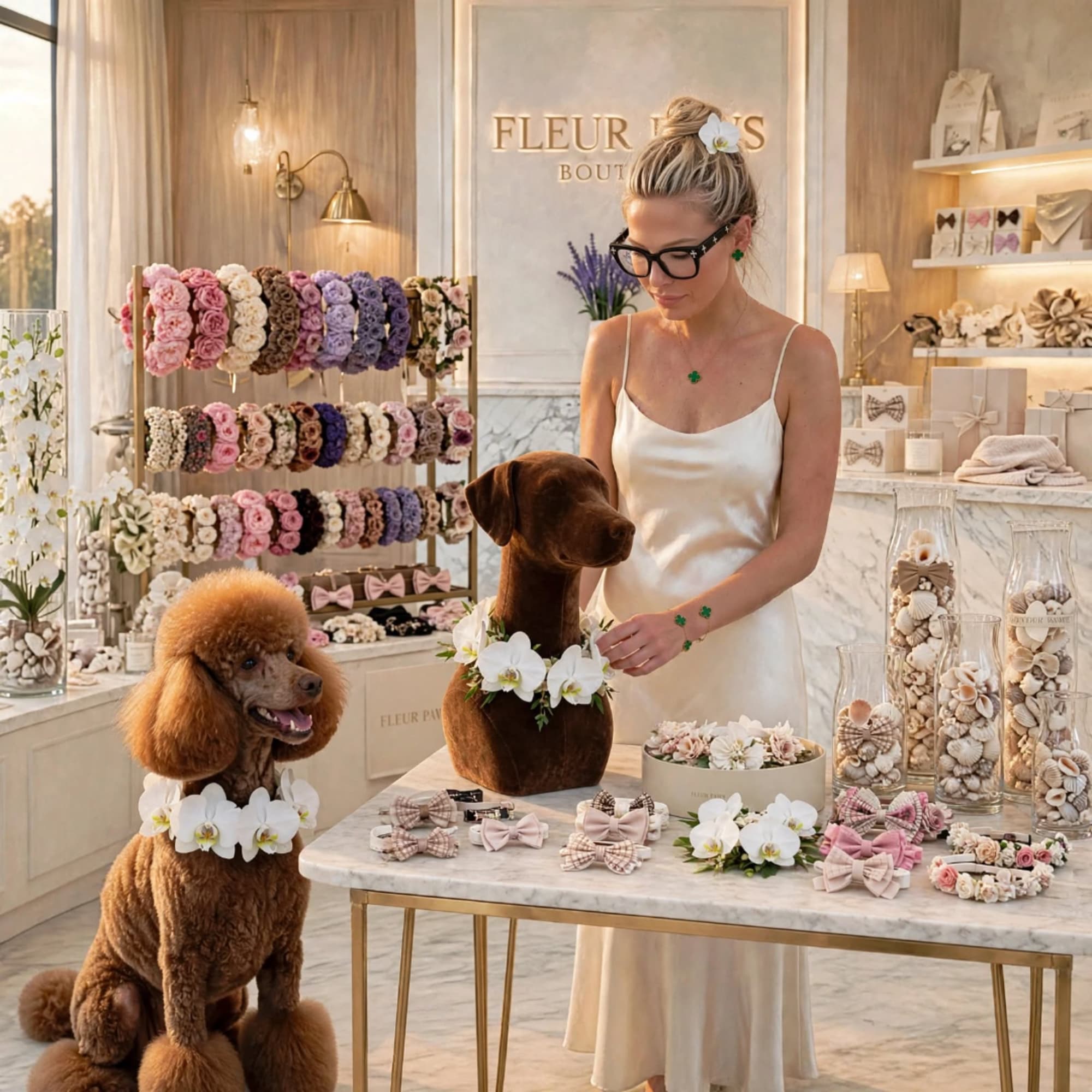 Woman arranging orchid collars on two poodles in a floral boutique