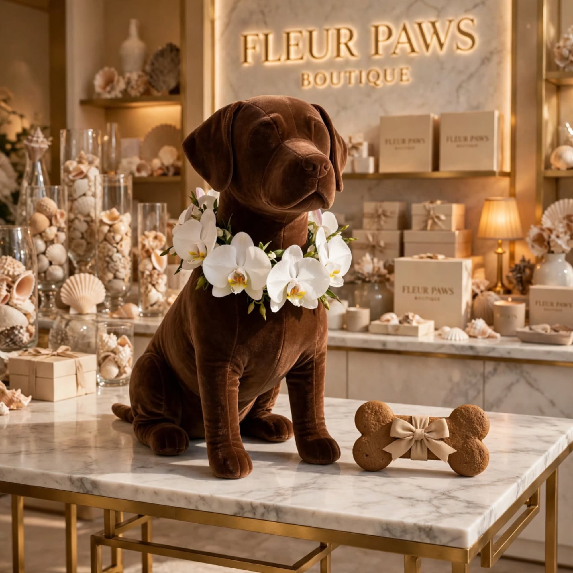 Plush brown dog with a white orchid collar and a bone-shaped treat.