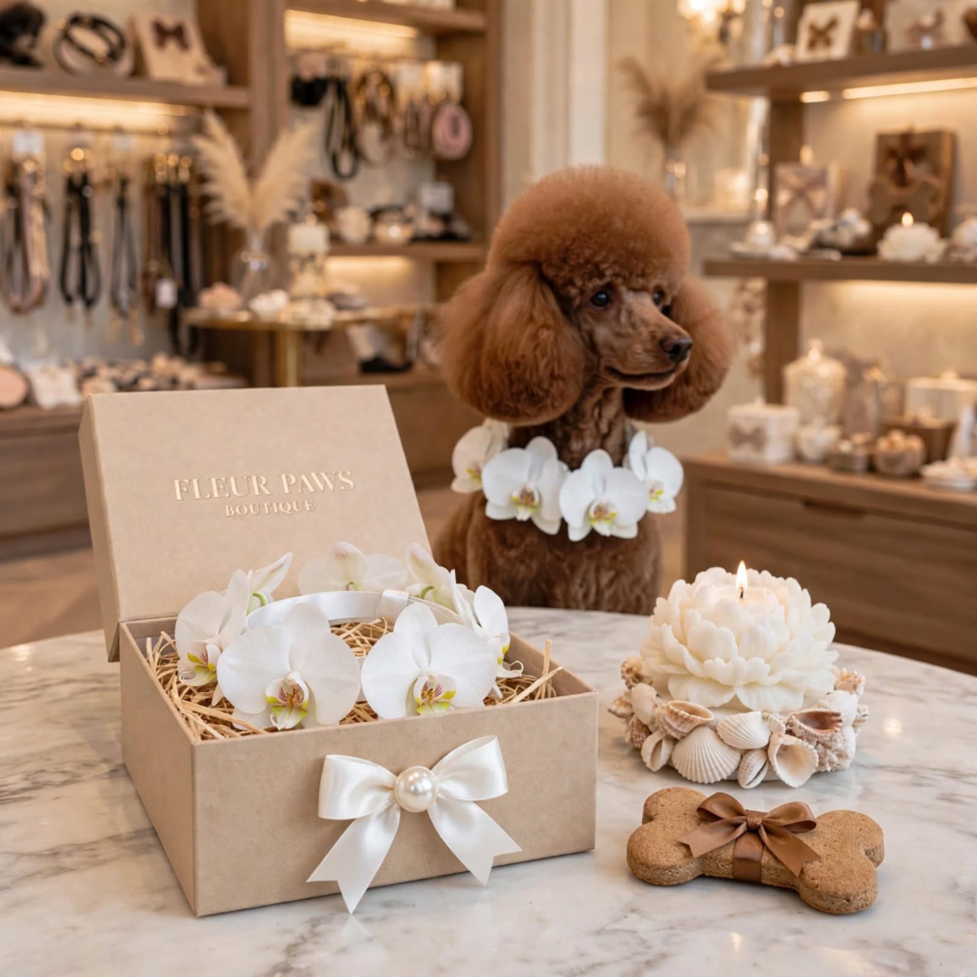 Gift box with white orchids, a poodle, candle, and bone-shaped treat