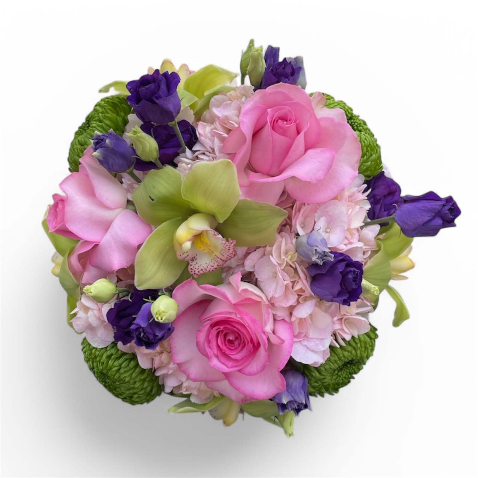 Round bouquet of pink roses, purple blooms, and green orchids