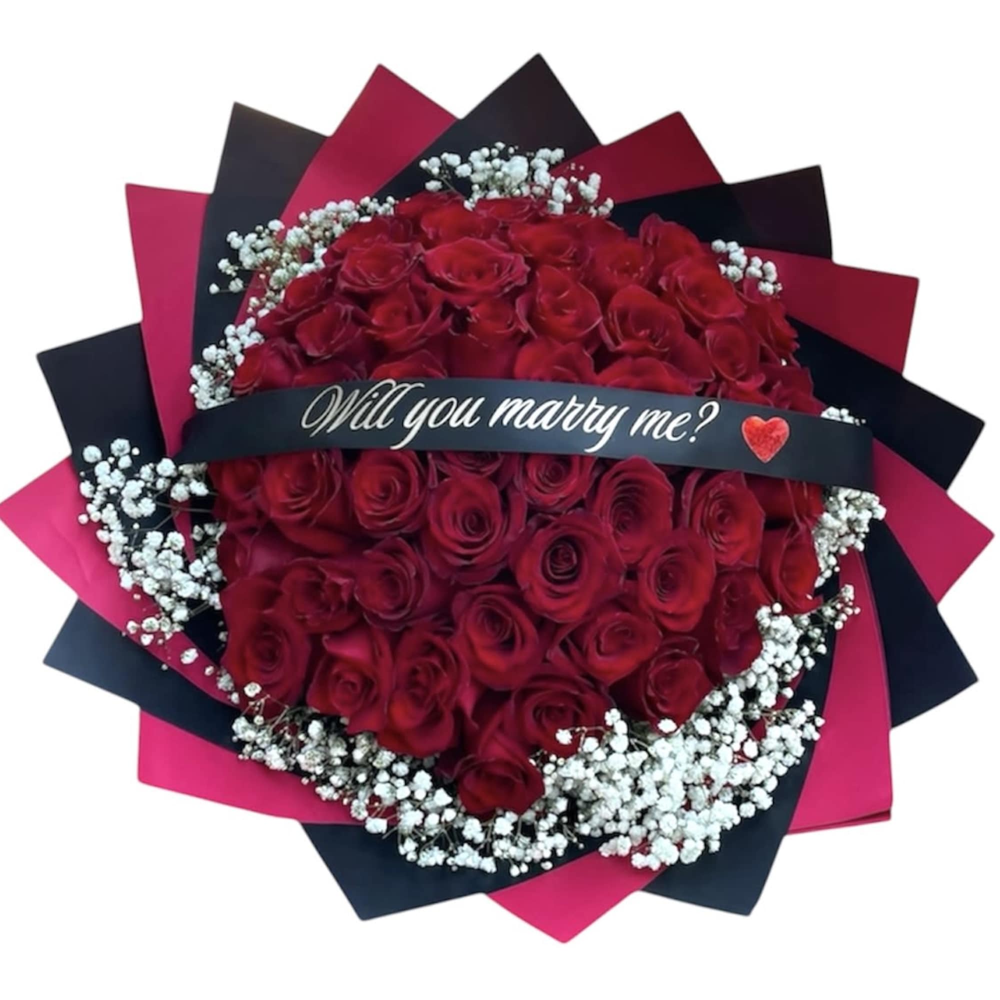 Bouquet of red roses with baby's breath and a "Will you marry me?" ribbon