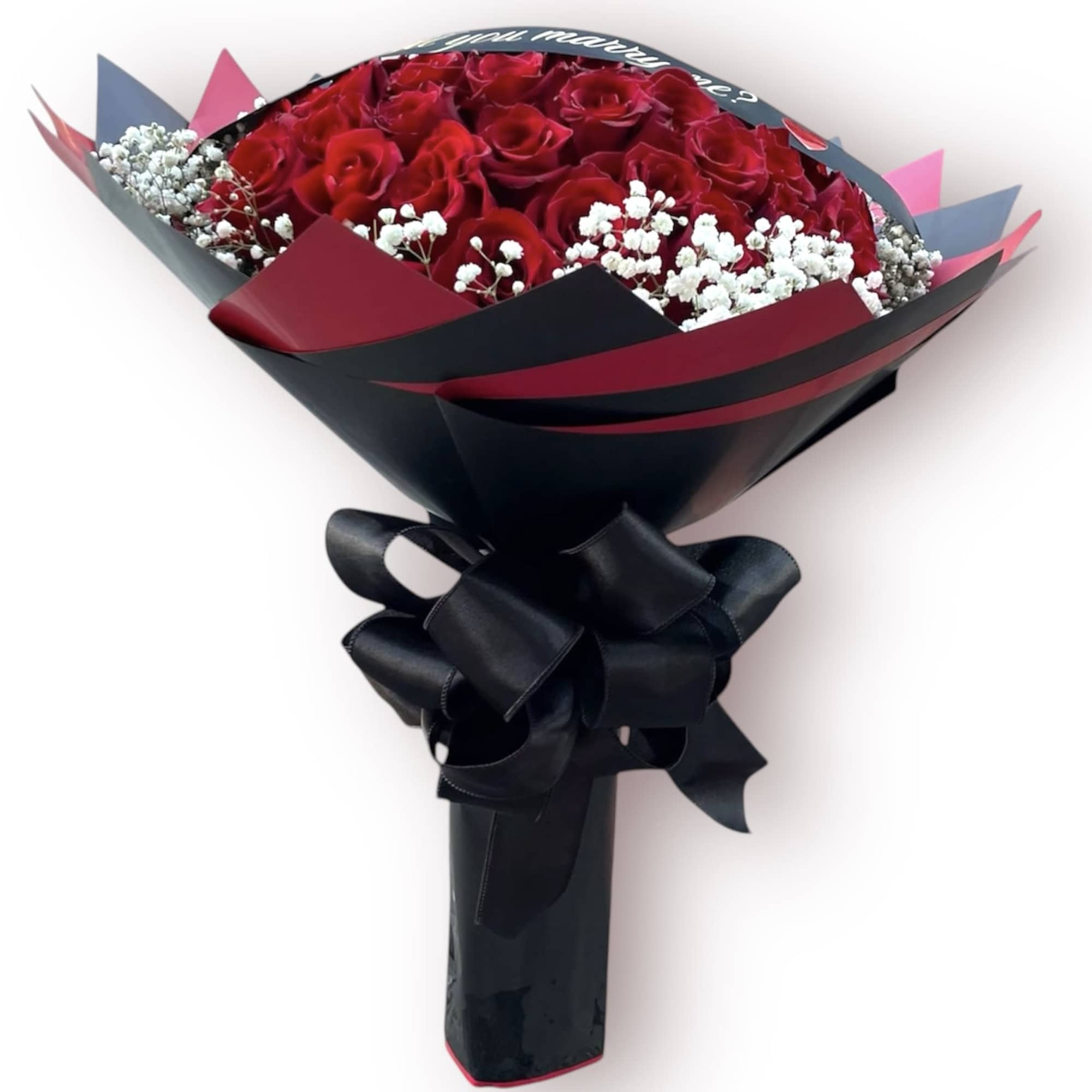 Bouquet of red roses with white baby's breath in black and burgundy wrap