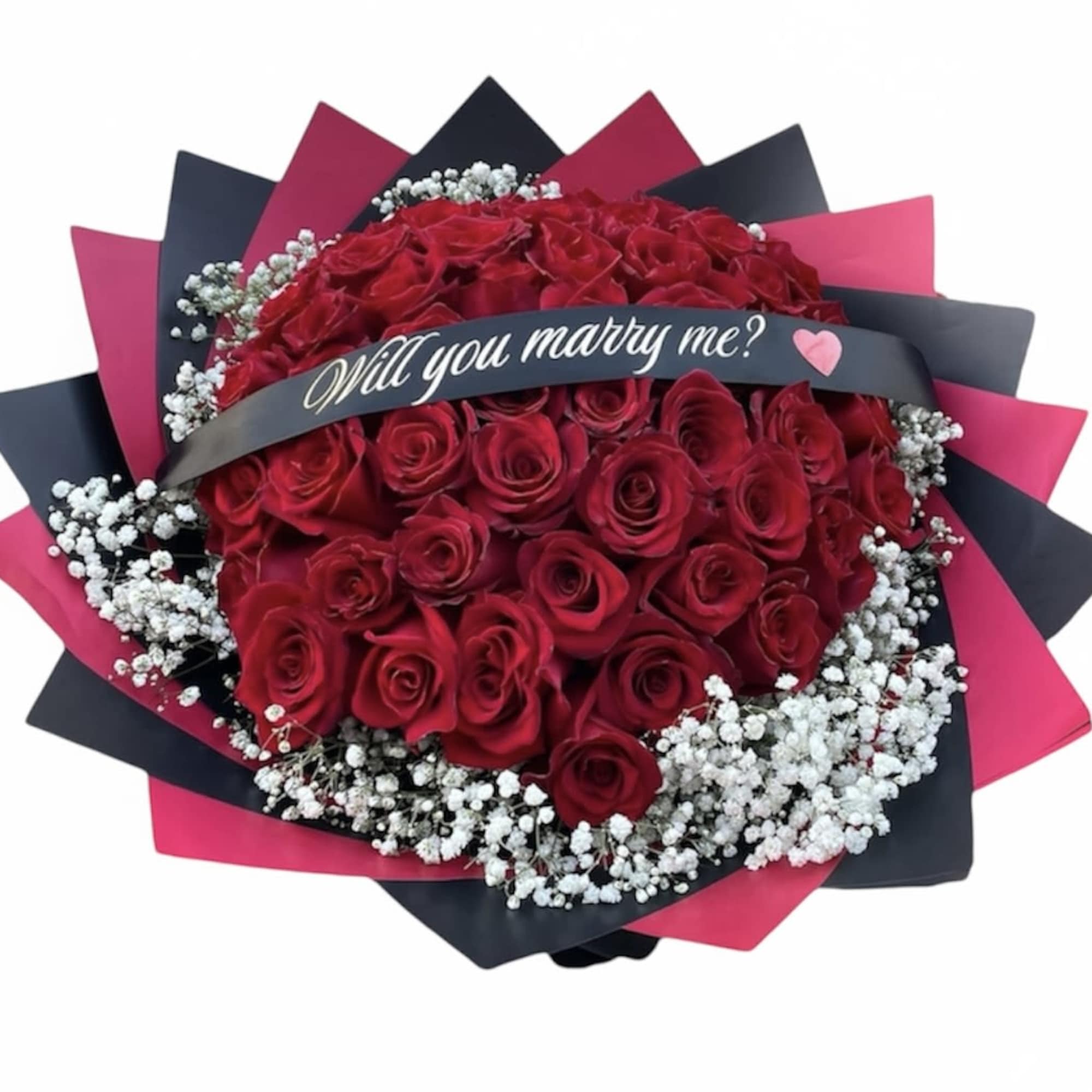Bouquet of red roses with a "Will you marry me?" ribbon