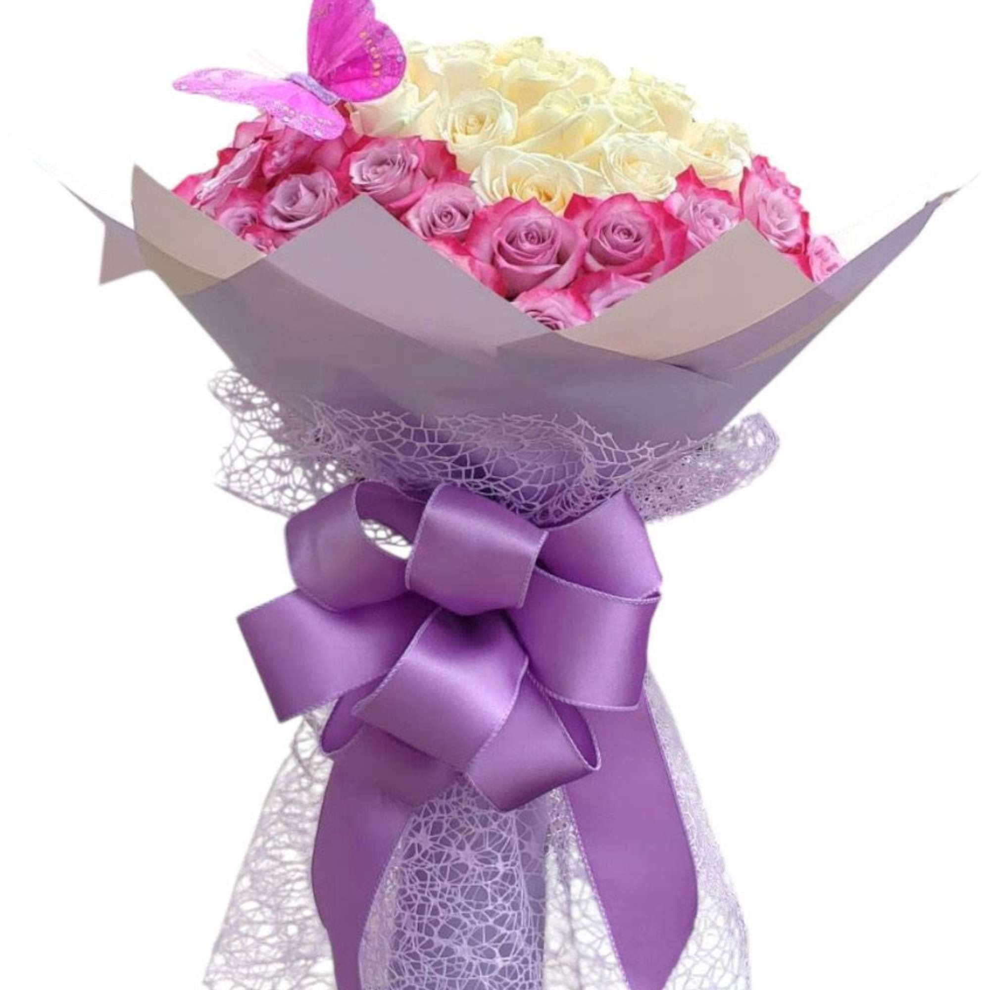 Bouquet of pink and cream roses with a purple butterfly and ribbon wrap