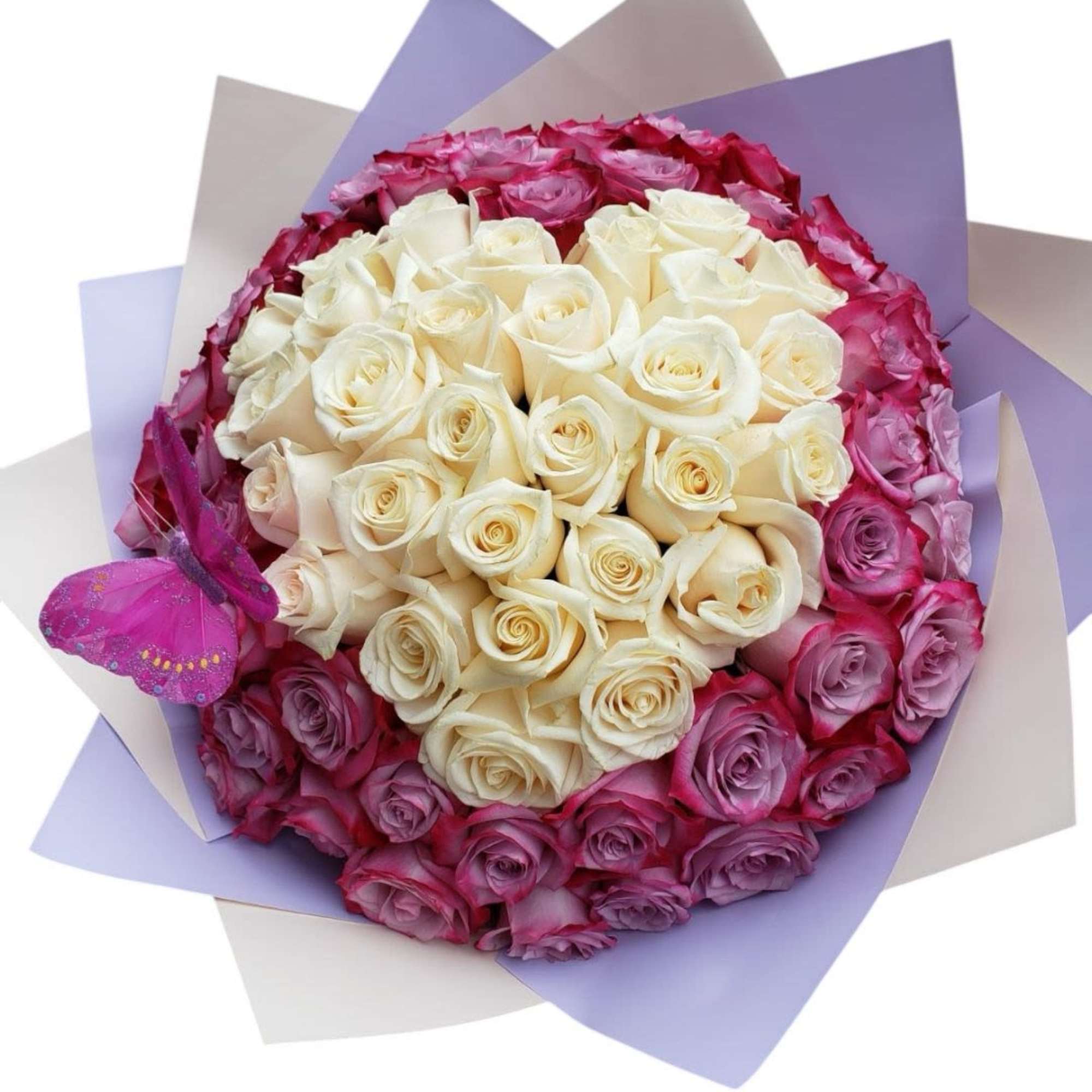Bouquet of white and pink roses with lavender wrapping and a butterfly accent