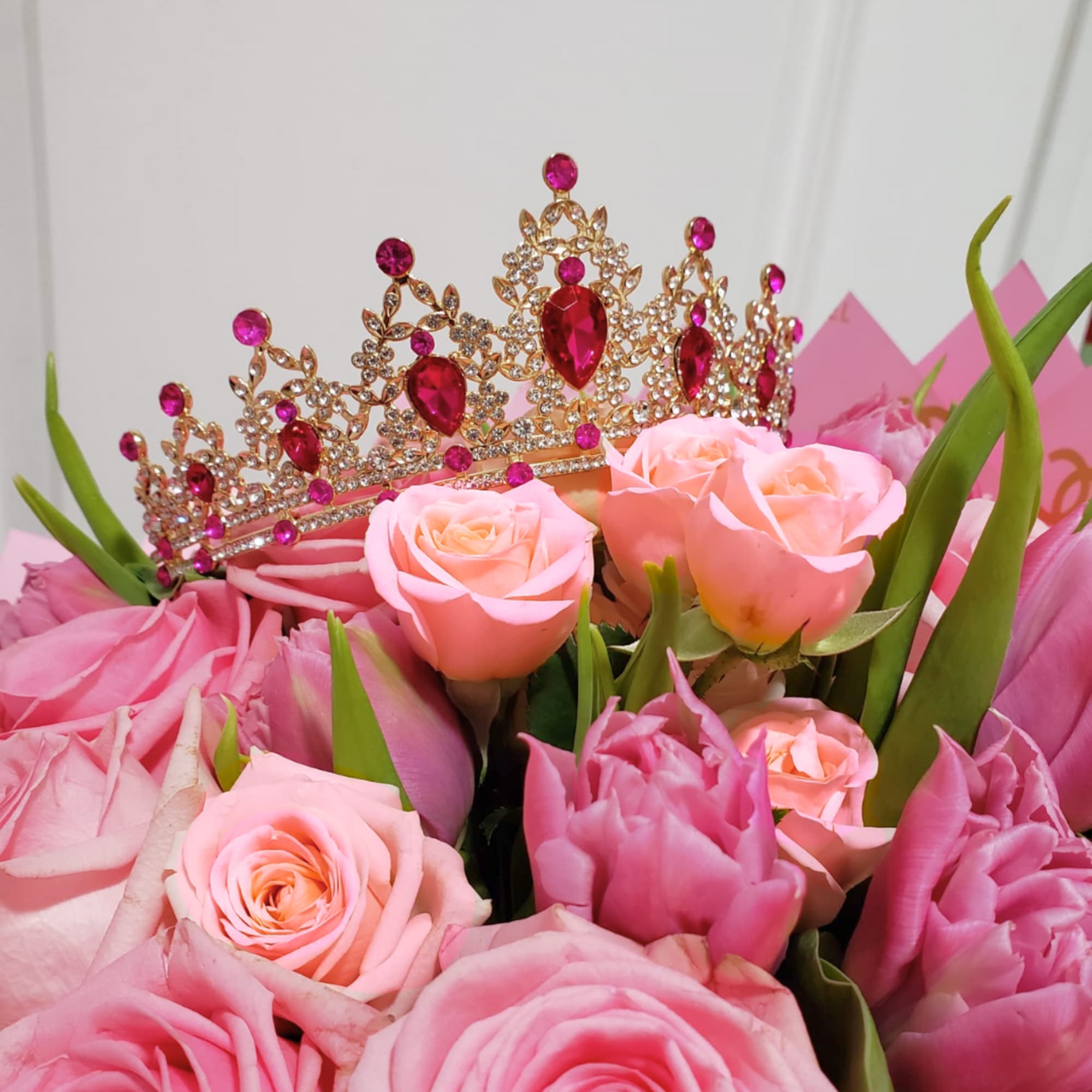 This sparkling and fun bouquet has pink roses, tulips, and light pink, photo 2 of 2