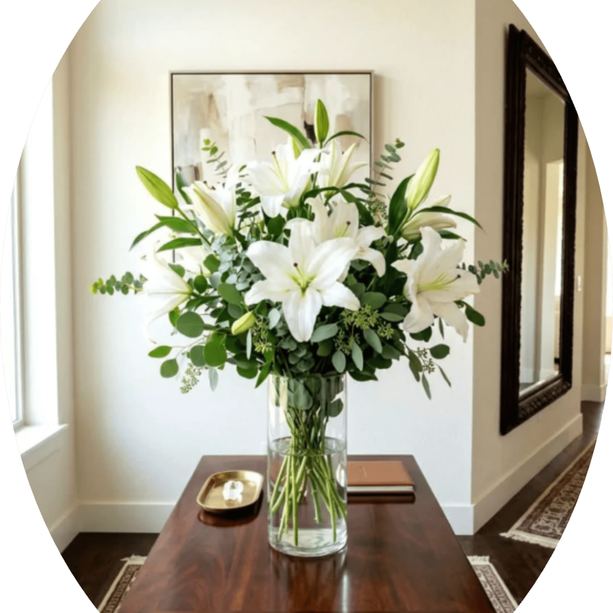 A cluster of large white lilies arranged upright in a tall clear