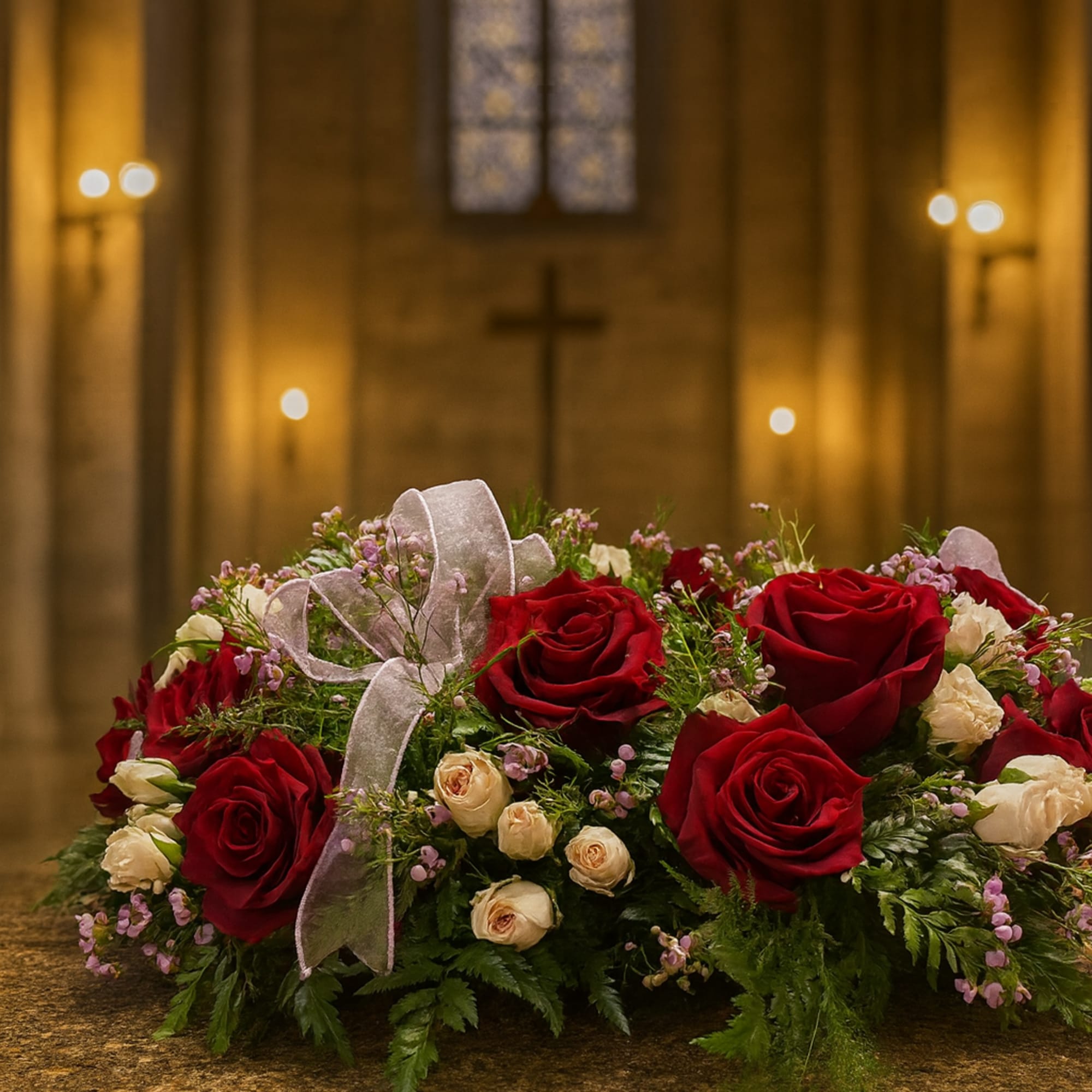 Pure red roses and greenery come together to create this beautiful urn