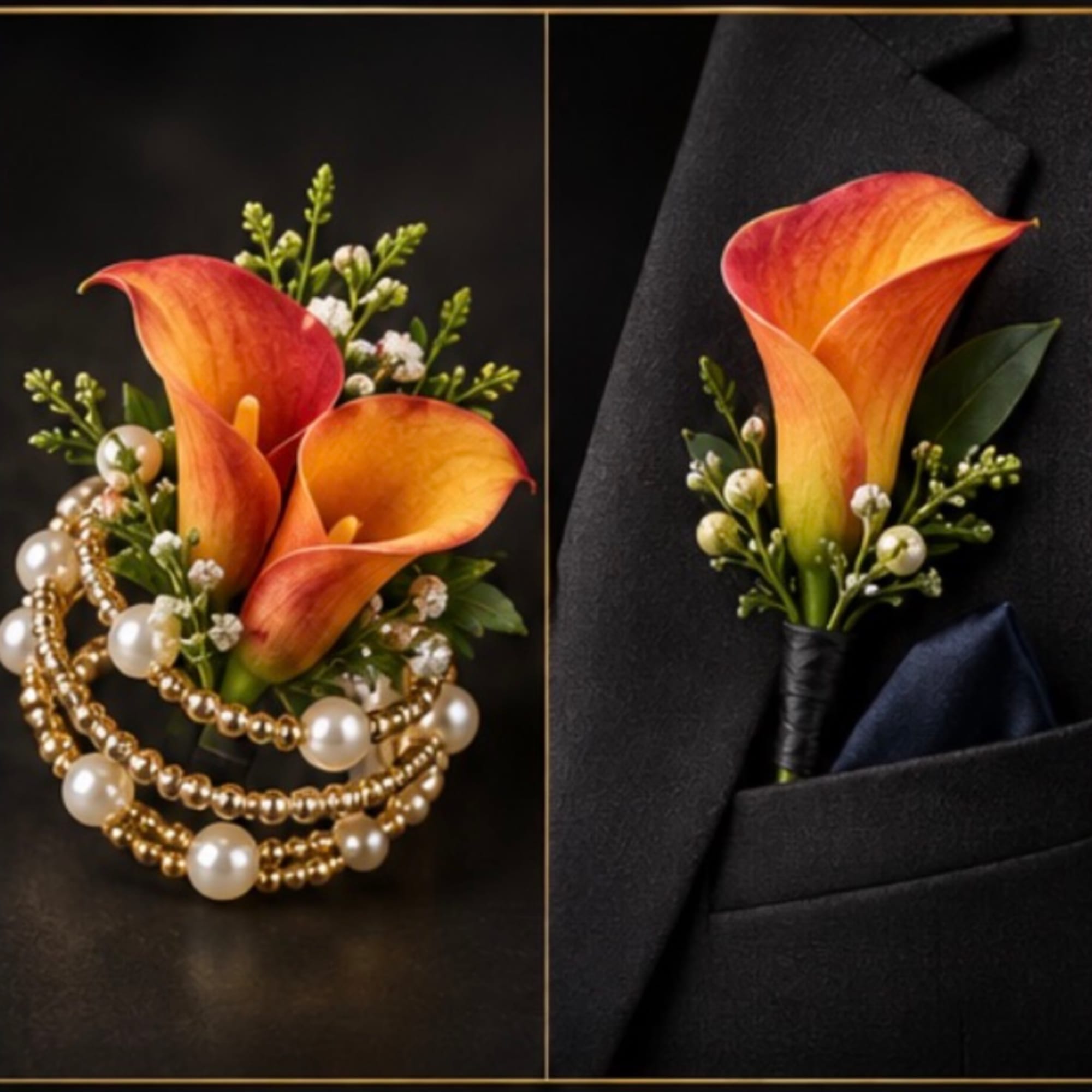 Orange calla lily boutonniere with pearl bead accents